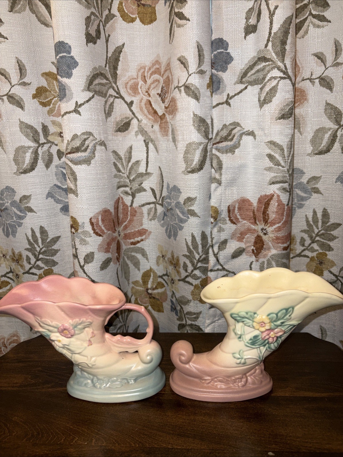 Hull Pottery Cornucopia Vases Pink And Yellow