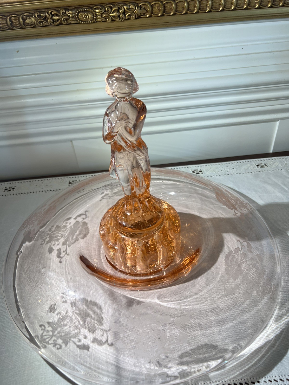 VTG Cambridge 9” Pink Glass “Draped Lady” Flower Frog & Rolled edge console bowl