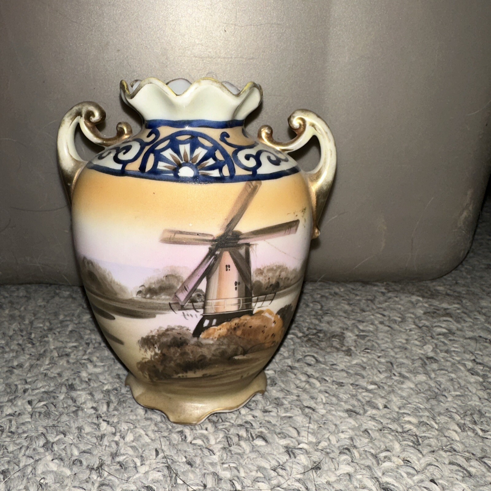Nippon M-in-Wreath 5 3/8″ Vase Amphora Shape 2 Gold Handles HandPainted Windmill