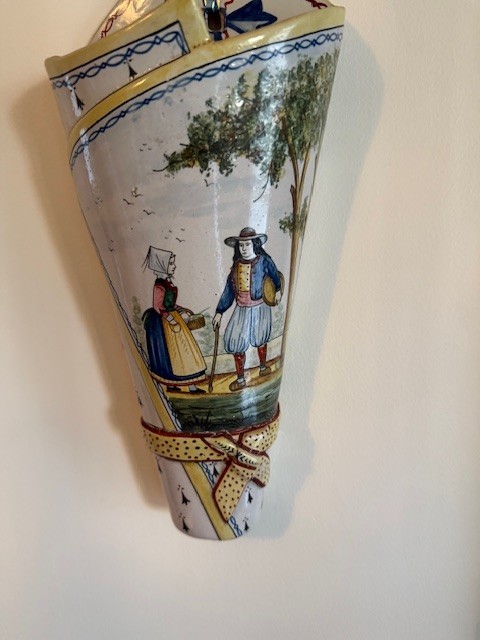 Antique vintage Quimper wall pockets,perfect,matched pair,large gorgeous painted
