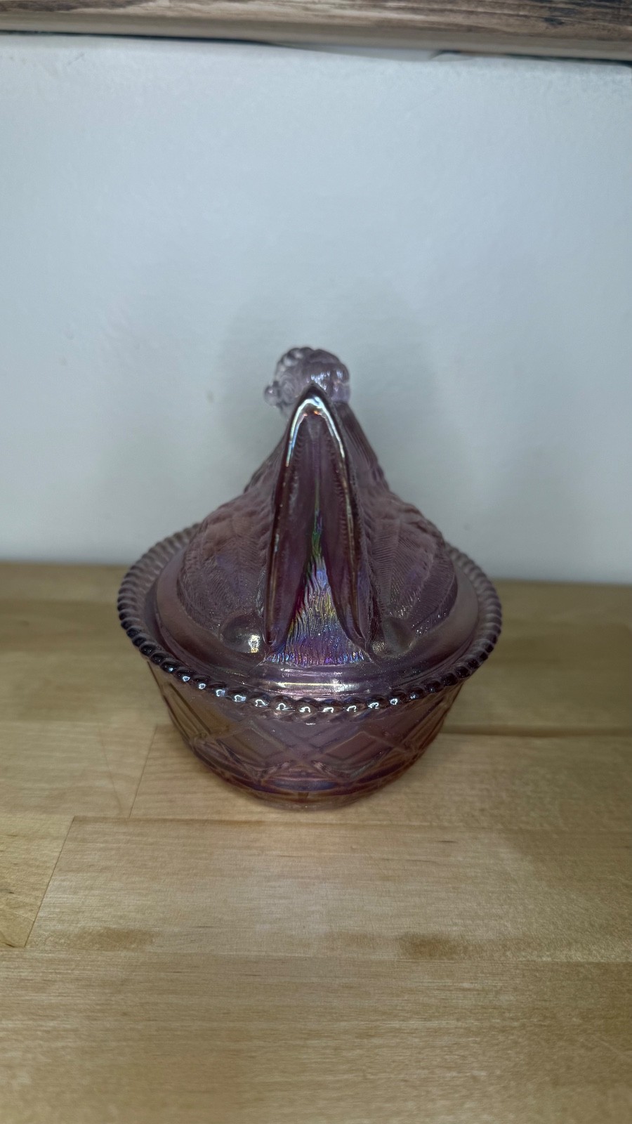 Pink carnival Glass Hen on Nest westmoreland iridescent HTF