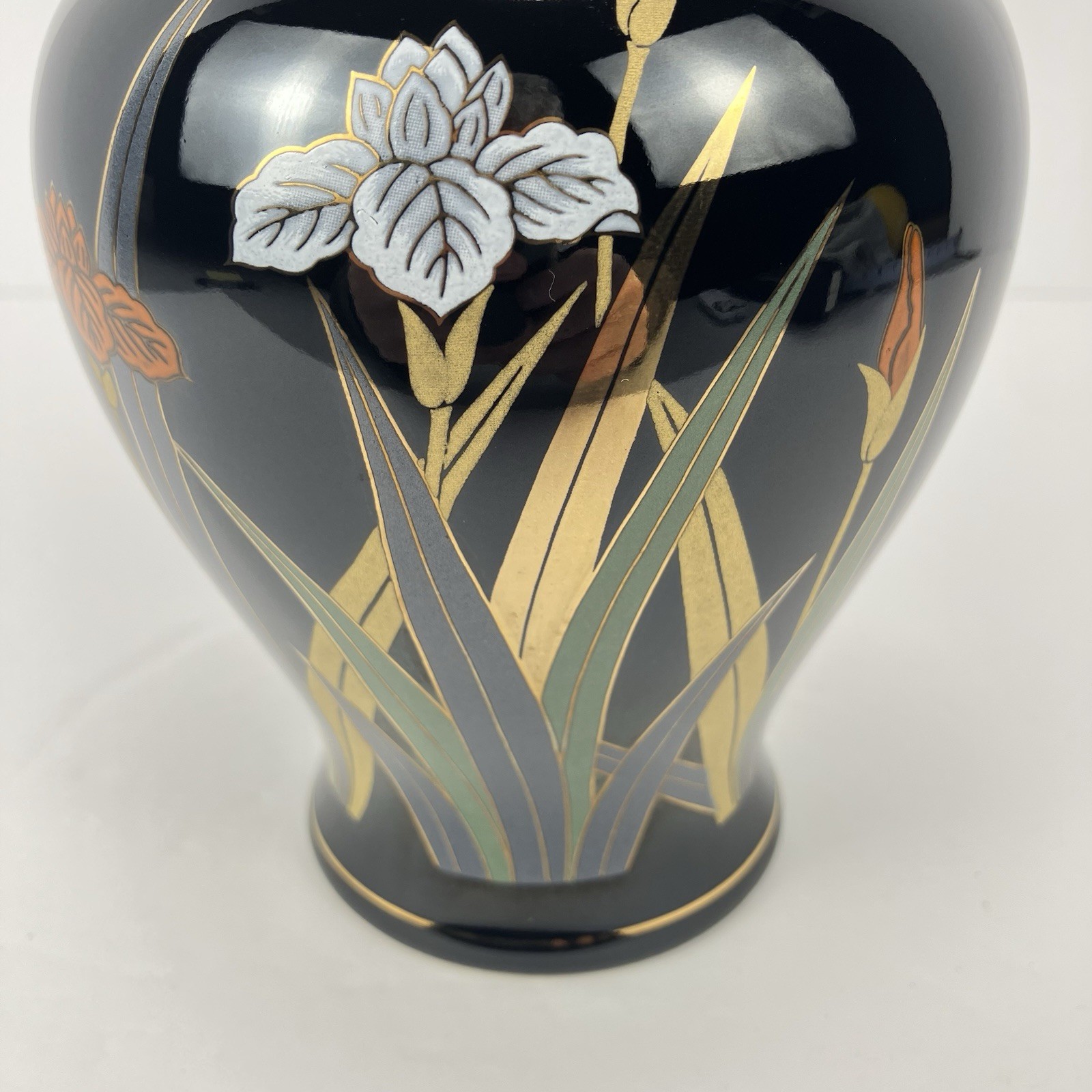 Otagiri Japan Black Gold Iris Floral Ginger Jar Lidded Ceramic Urn Vase Decor