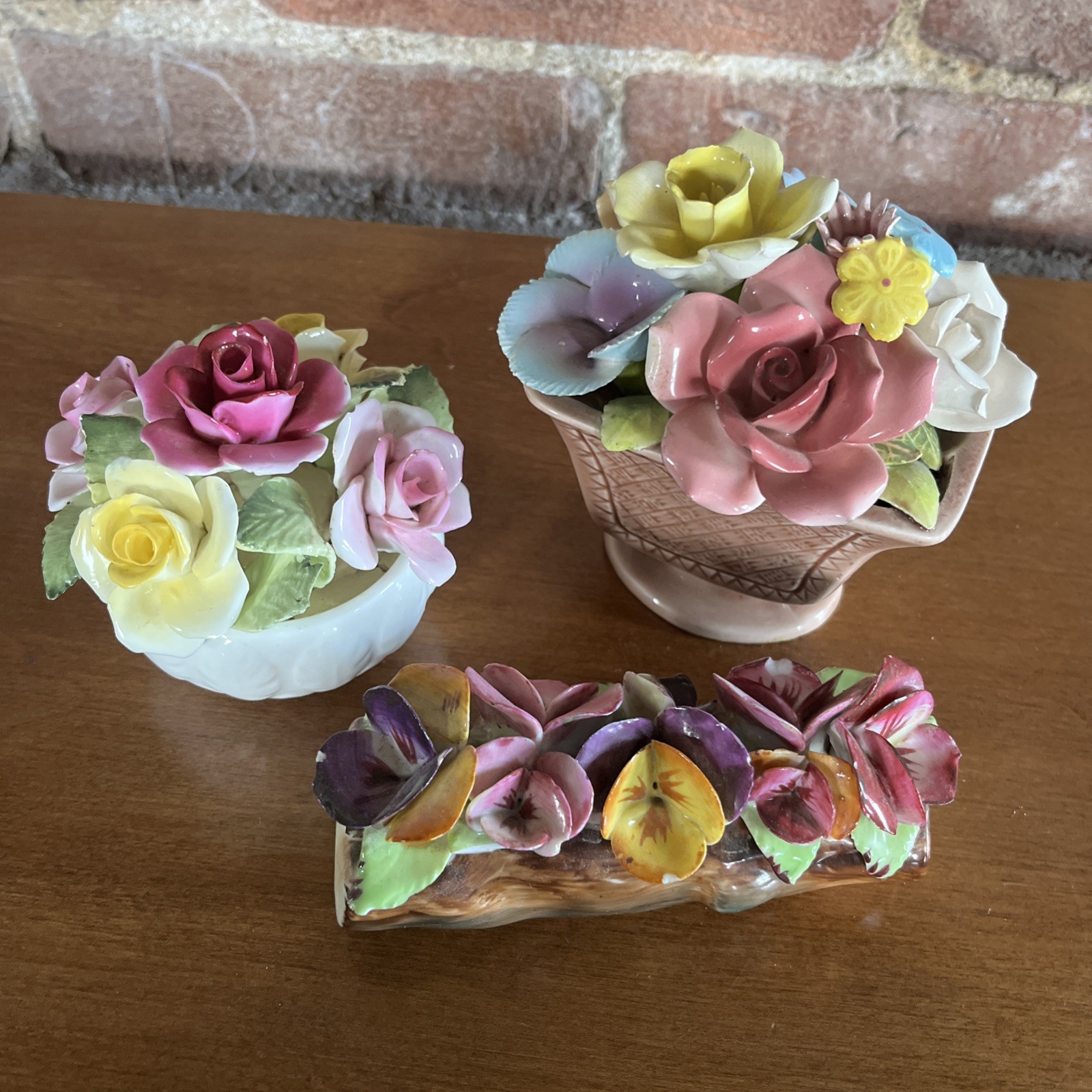 Lot Of 3 Porcelain Hand Molded Flower Baskets Log Floral Pansies Roses Decor