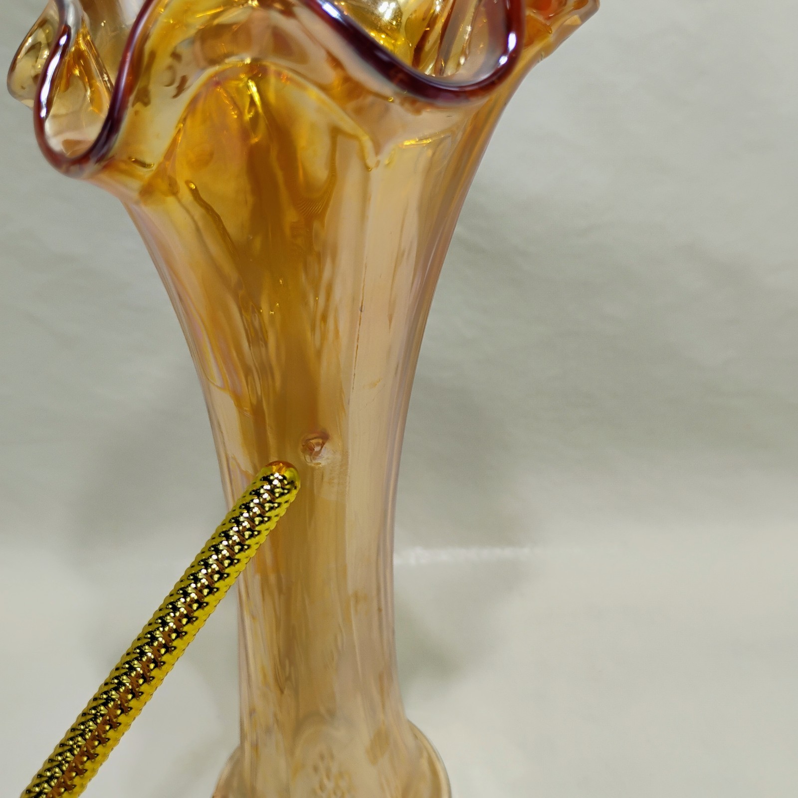 Carnival Glass Iridescent Marigold Basket with Handle & 9 Inch Vase