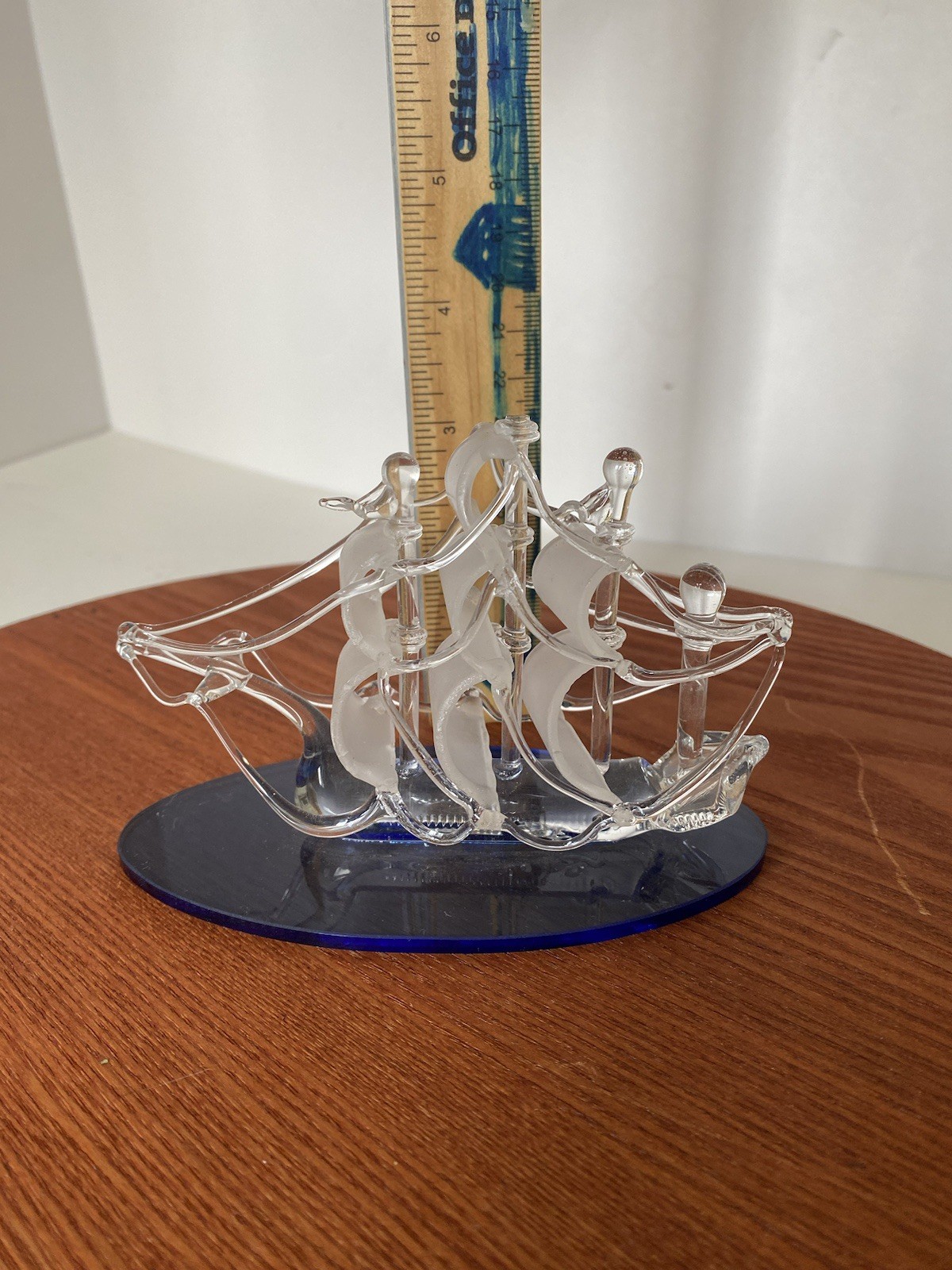Vintage Hand Spun Glass Figurine Sailboat Pirate Ship Blue Base New