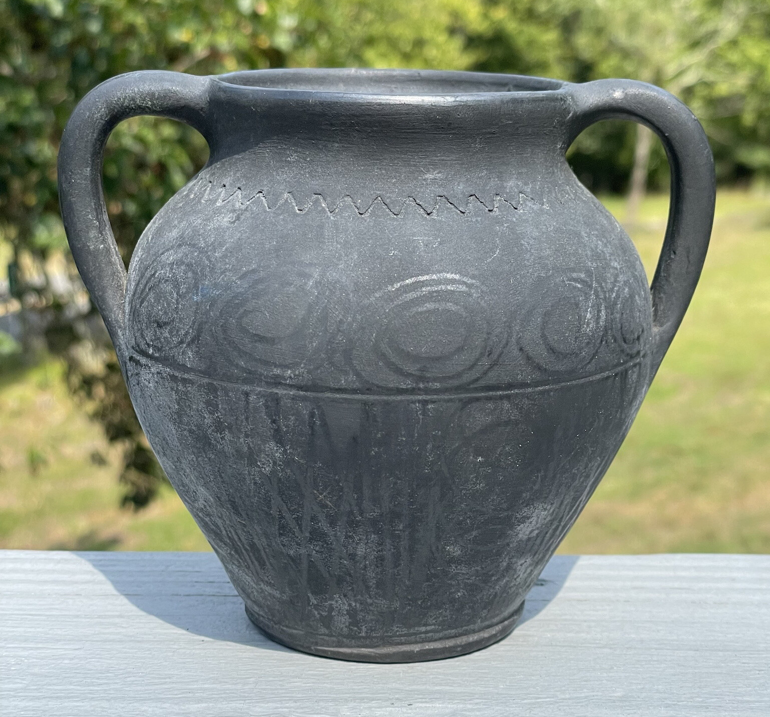 Vintage 20th C. Black on Blackware Pottery Romania Folk Art Two Handled Vase