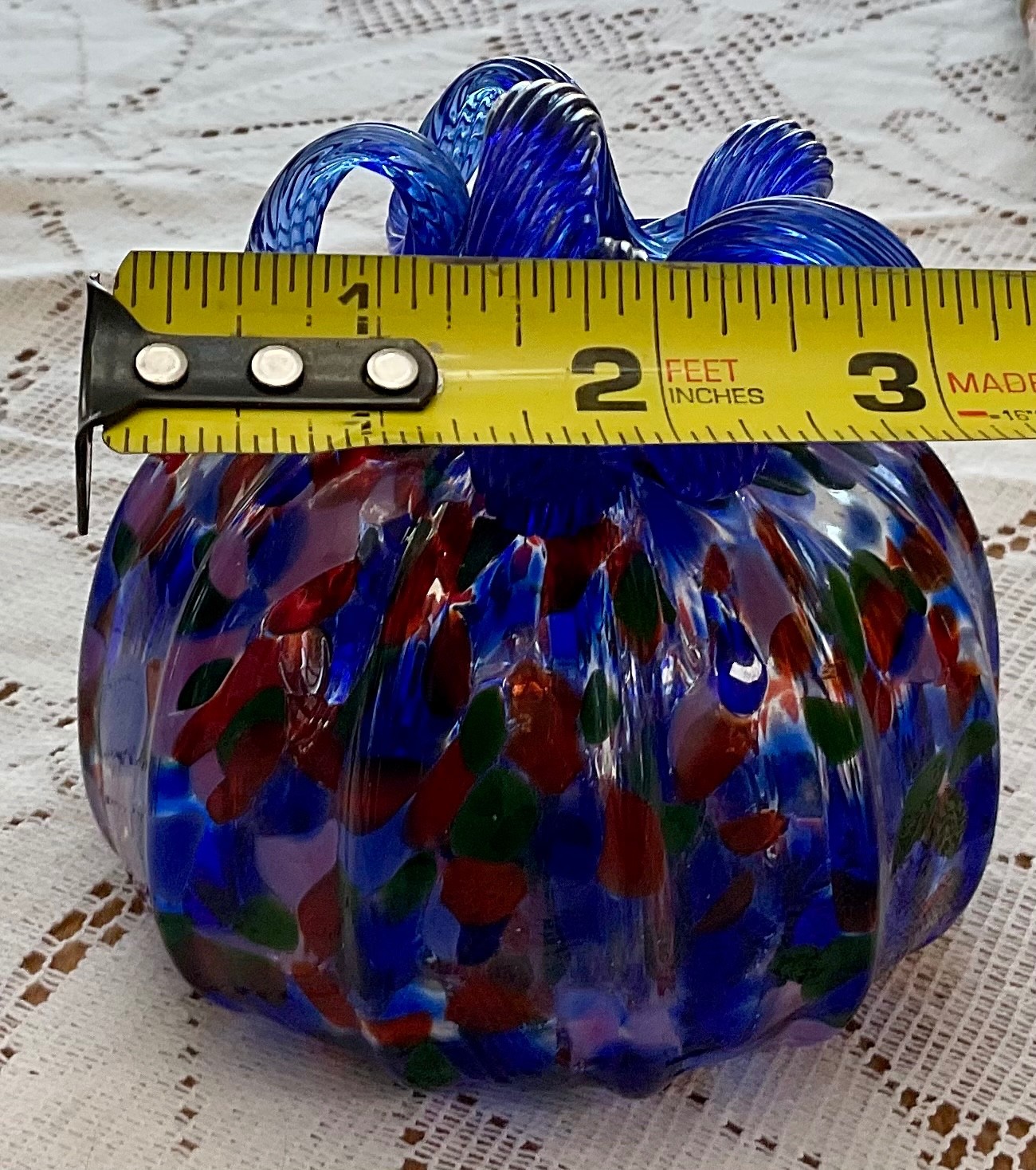 Cobalt Blue Hand Blown Art Glass Multicolored Confetti Spotted Pumpkin