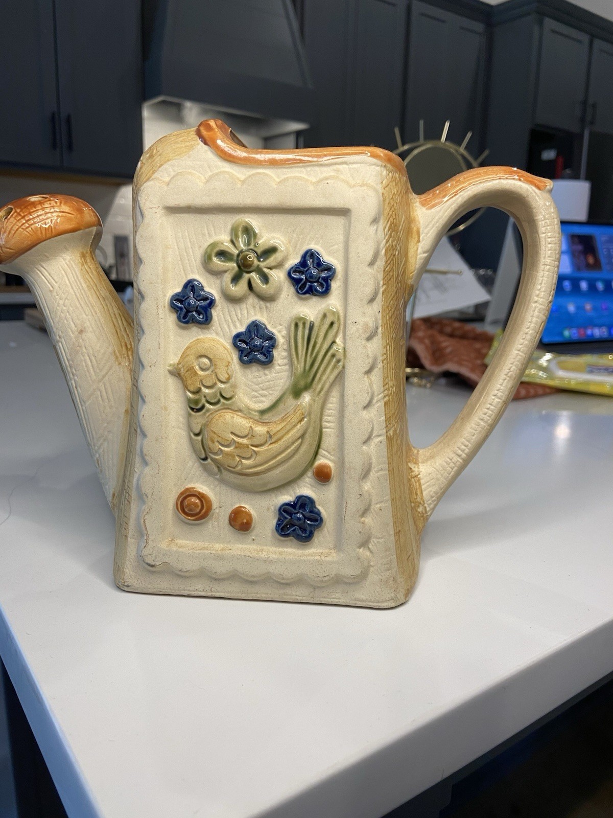 Vintage Retro Glazed Bird and Floral Ceramic Watering Can Flower Vase 7″ Tall