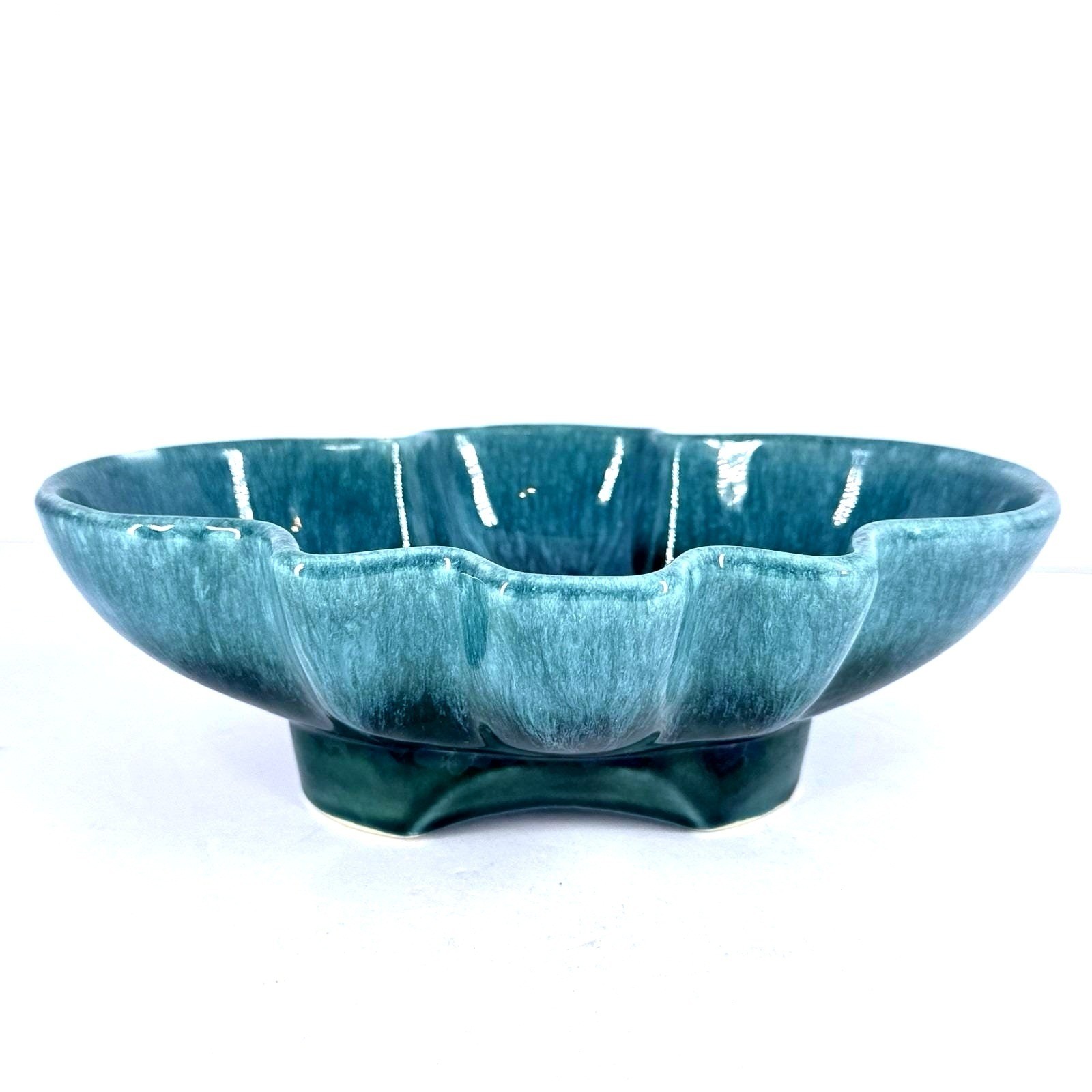 Vintage 602 USA Blue Green Drip Glaze Scalloped Console Bowl Planter