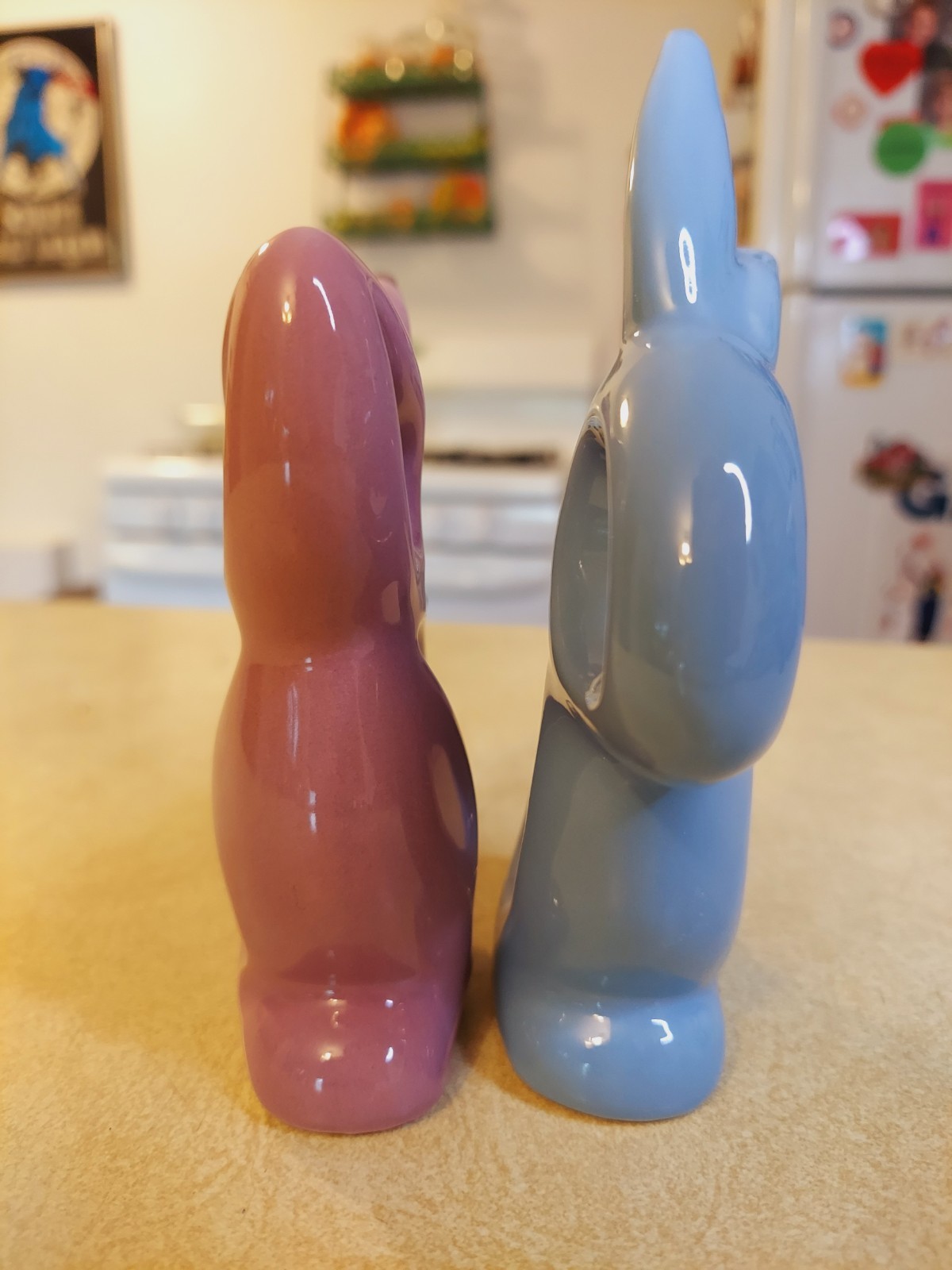 Lot of 3 Vintage MCM Bunny Easter Rabbit Ceramic Blue Pink Yellow Figurine 5.75″