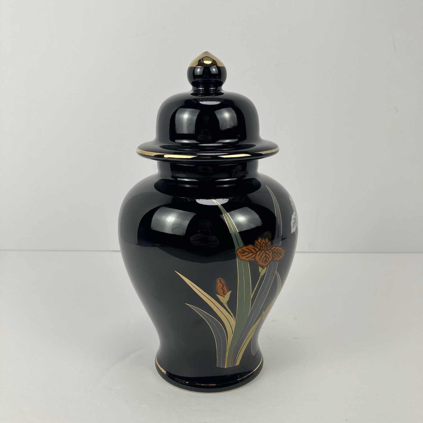 Otagiri Japan Black Gold Iris Floral Ginger Jar Lidded Ceramic Urn Vase Decor