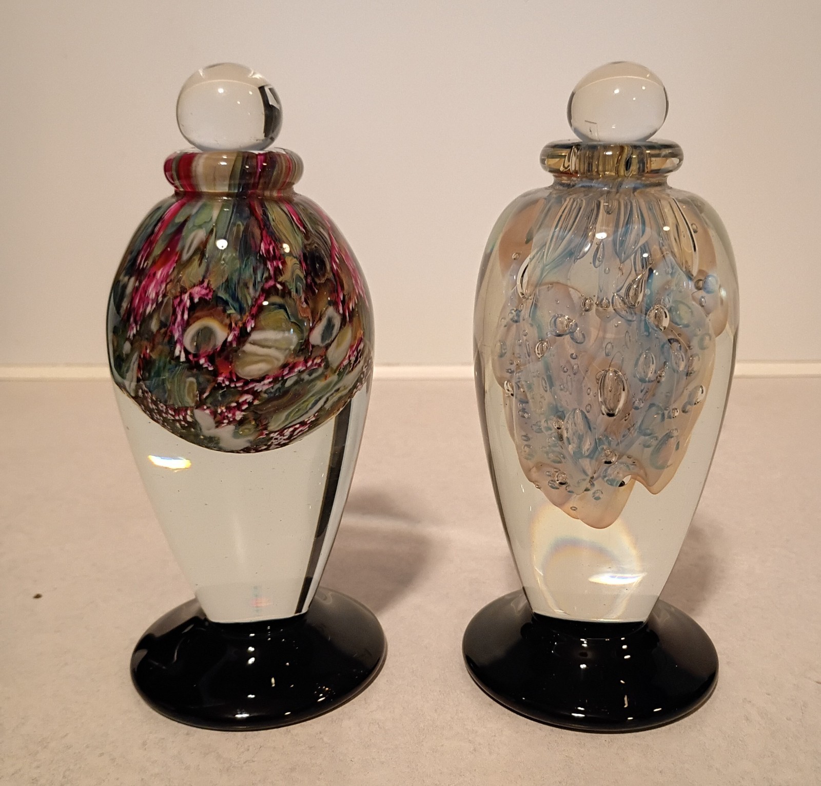 Pair Of 6.5″ Signed Robert Eickholt Footed Art Glass Paperweight Perfume Bottles
