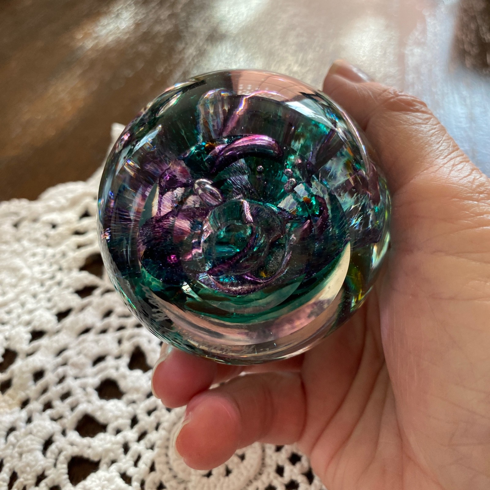 Robert Held Art Glass Paperweight Swirling Jewel Tone Bubbles Signed 3 Inches