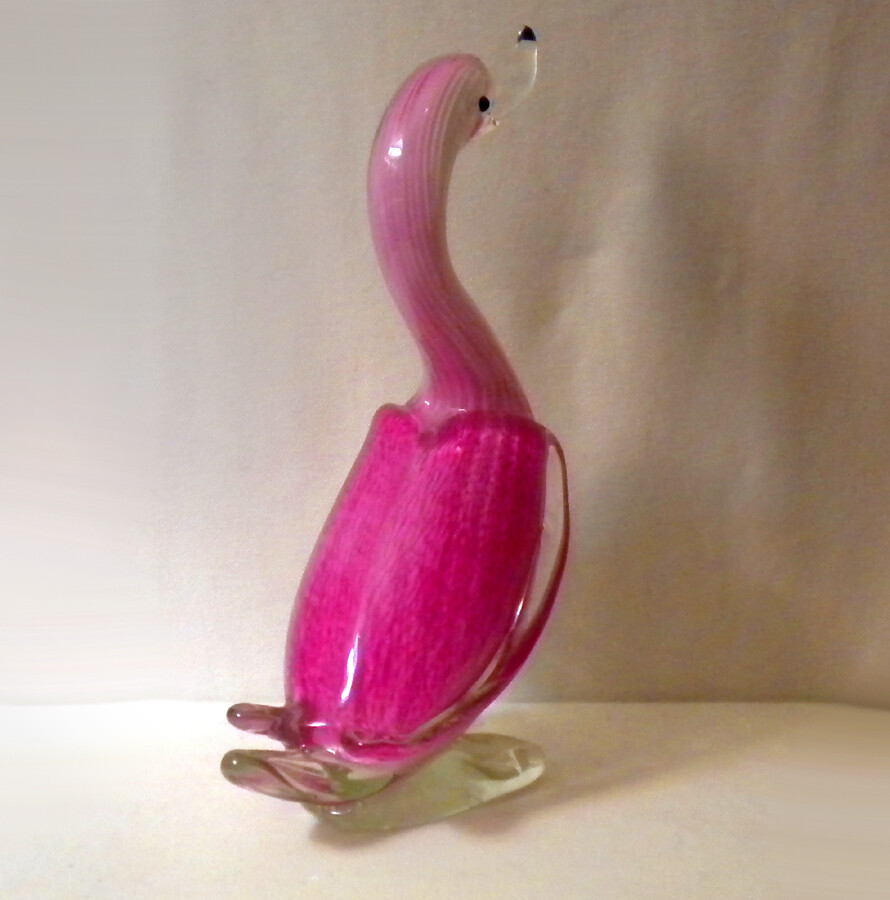 Vintage Pink Textured, clear & white Art Glass Duck Sculpture/Figurine 12 ½”