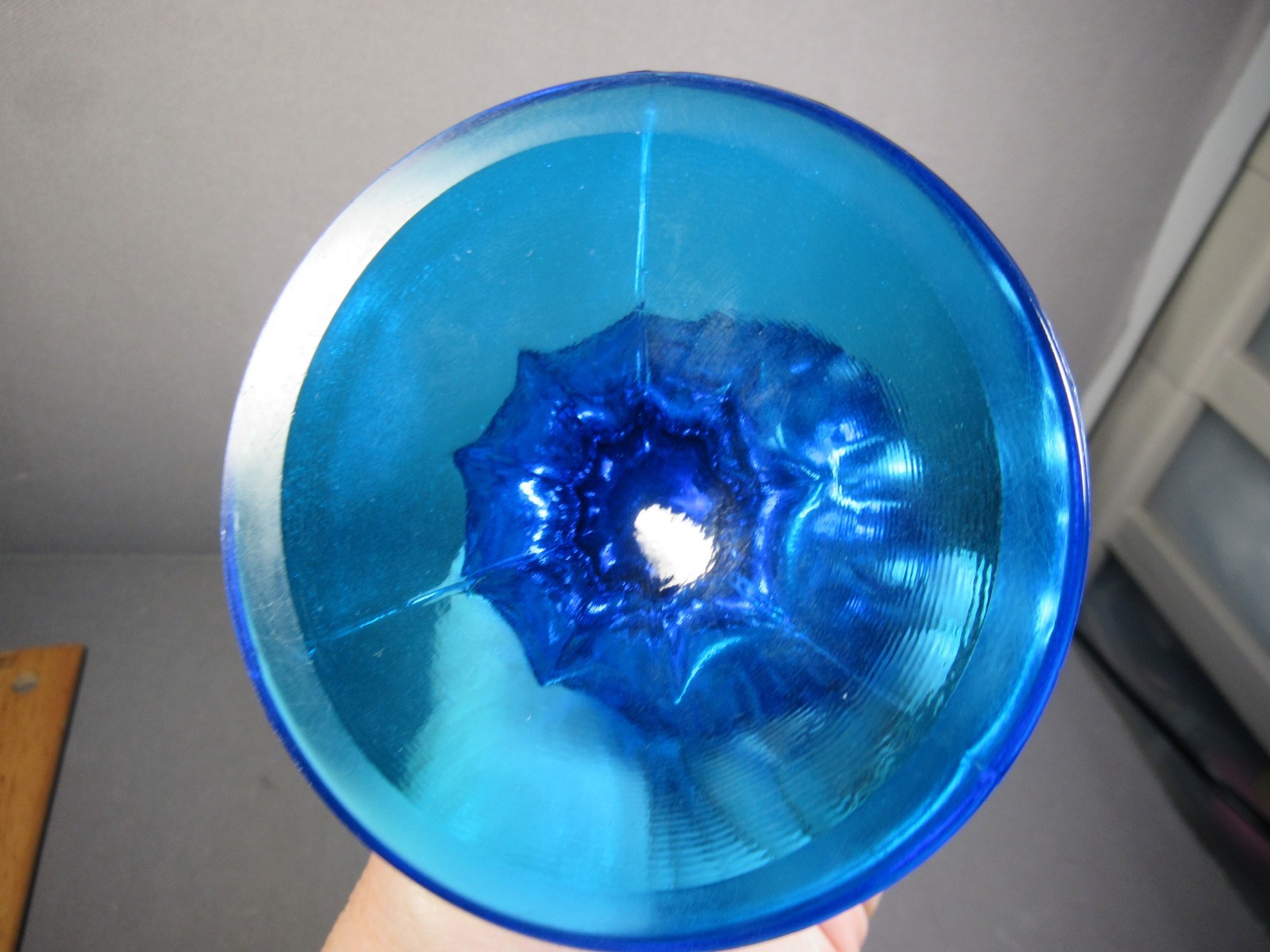 Fenton Sapphire Blue Swung Vase Glass Thumbprint Pedestal 15.5″Unmarked Vintage