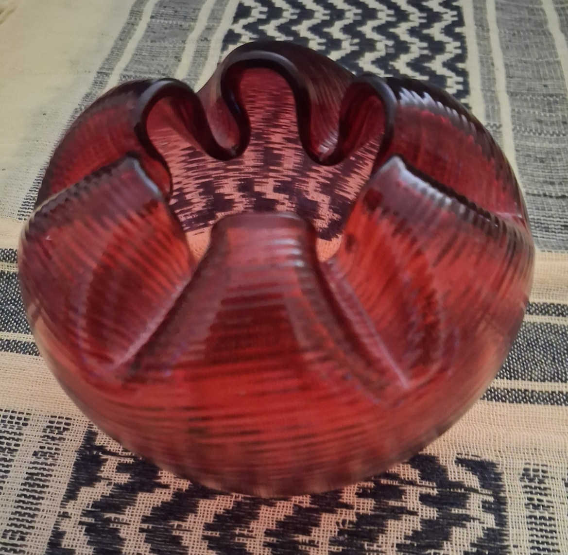 Antique Hand-blown Victorian Cranberry Glass 4″ Posy Bowl Horizontal Threaded