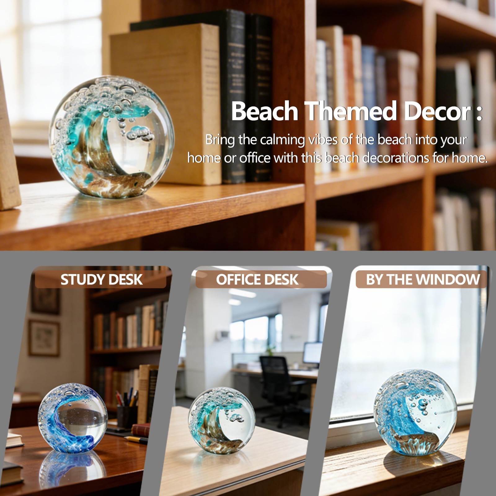 Ocean Wave Glass Ball 2.3″ Blue Crystal Paperweight, Nautical Decor Sphere, Gift