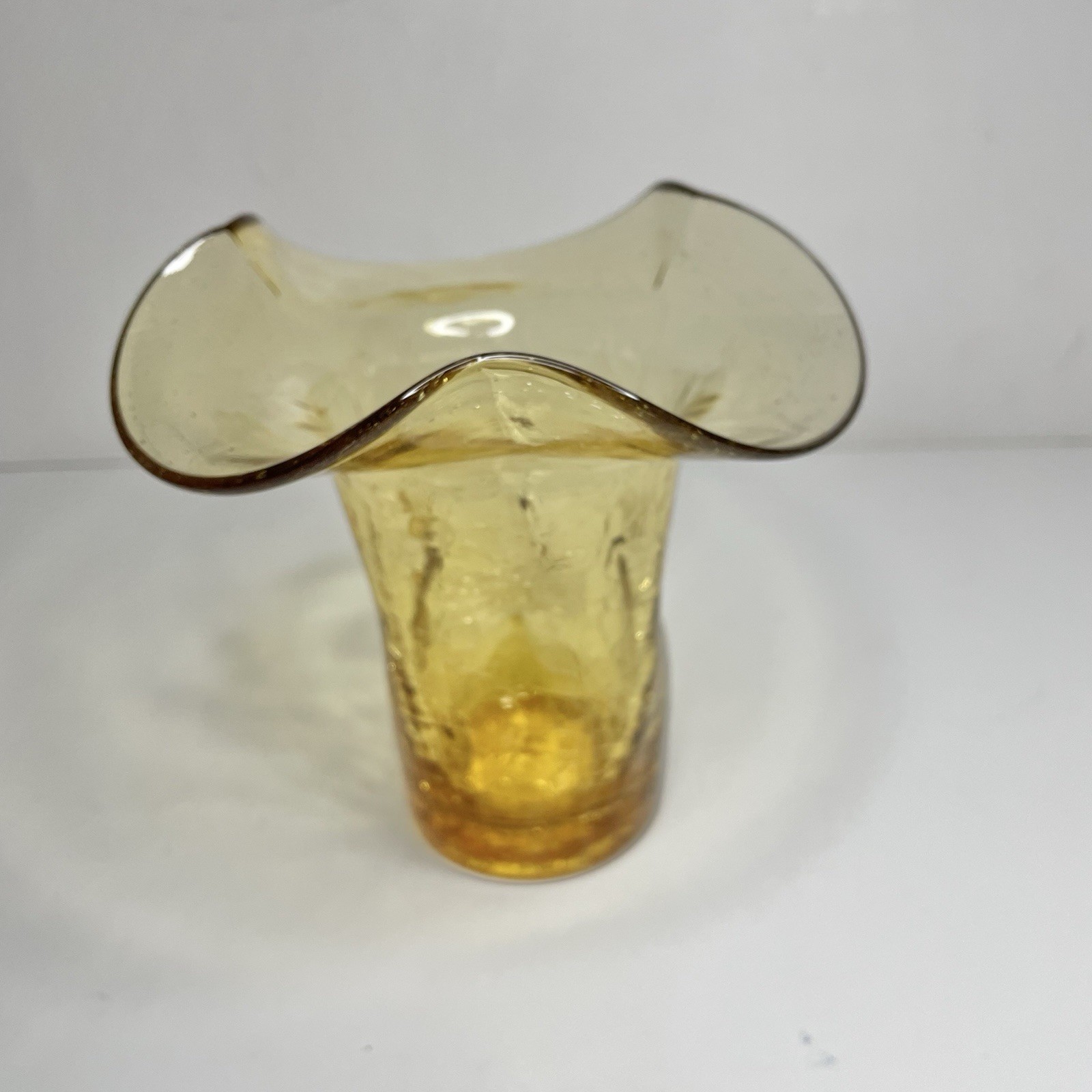 Amber Crackle Glass Vase 5-3/8″ Ruffled Top