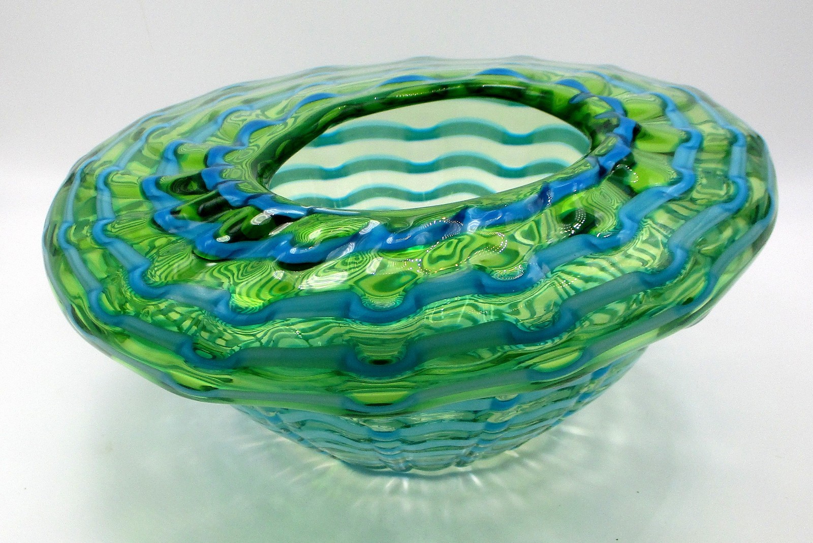 DALE TIFFANY Waterfront Hand-Blown Art Glass Green Blue Iridescent Vase or Bowl