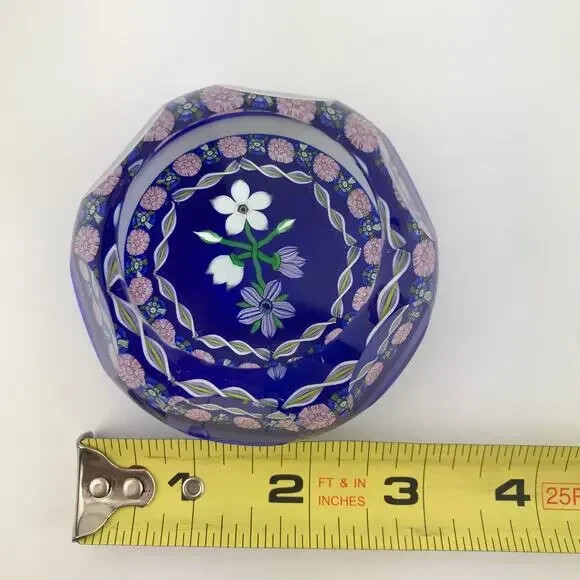 Perthshire 1986B Bouquet Lampwork Flower Millefiori Twist Facet Blue Paperweight