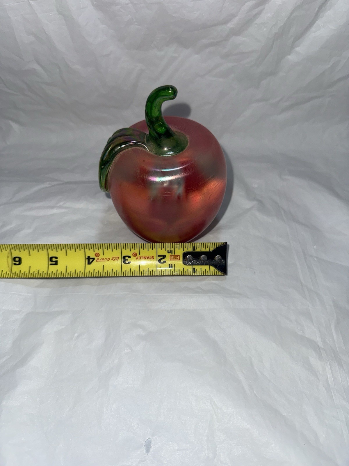 Vintage John St. Clair 1984 Art Glass Iridescent Red Apple Paperweight 5”x3.5”