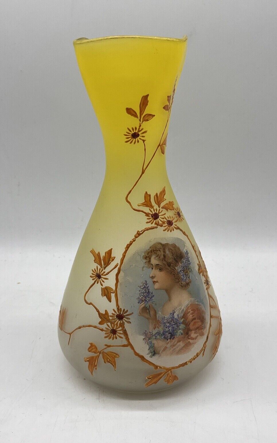 Antique Bohemian or French Glass Portrait Vase Enamel Victorian Flowers