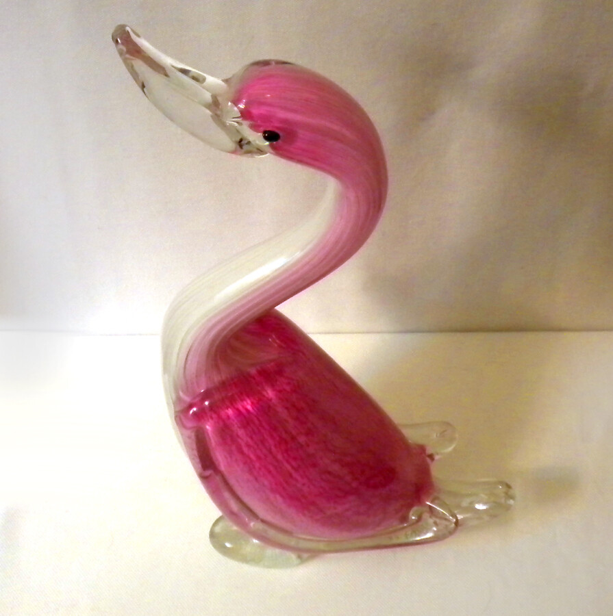 Vintage Pink Textured, clear & white Art Glass Duck Sculpture/Figurine 12 ½”