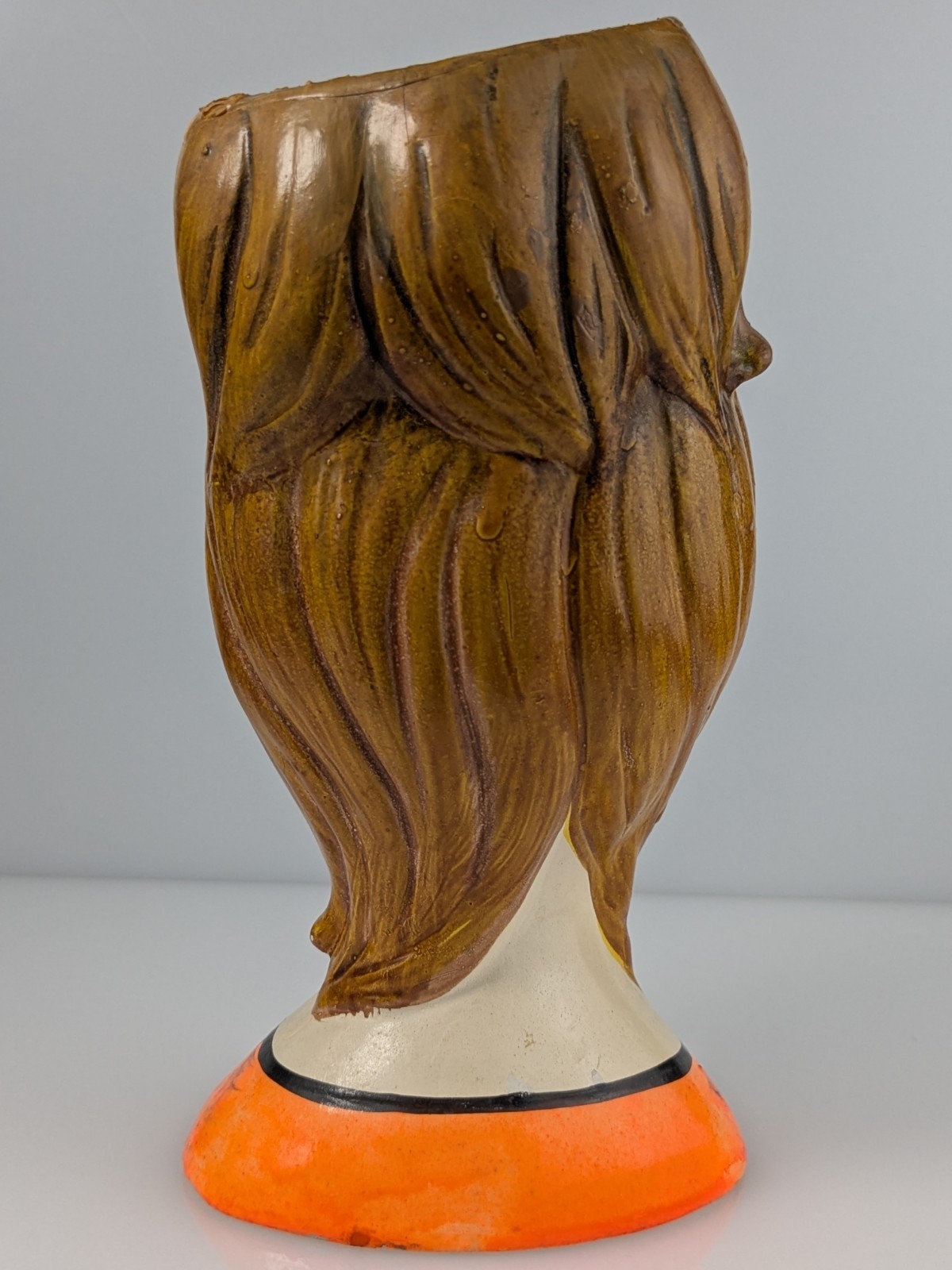 Vintage Lady Head Vase Japan 7″ Big Blue Eyes Bouffant Orange Folk Art Texture