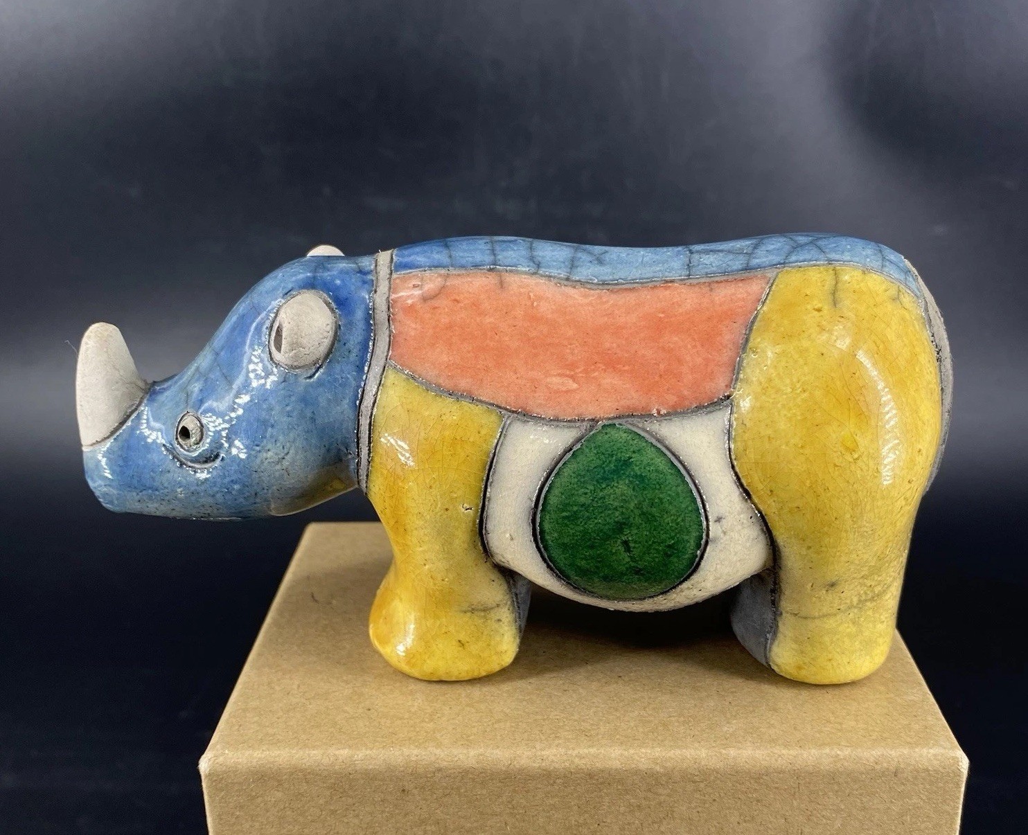South Africa Art Pottery Raku Rhino RHINOCEROS Colored Animal Handmade Signed