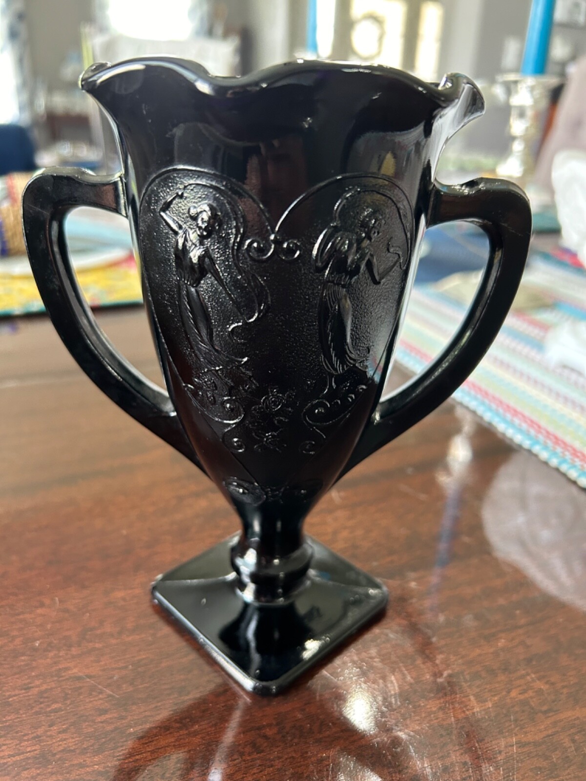 Vintage 1930’s LE Smith Black Amythest Glass Trophy Vase Dancing Nymph App 7 ¼”