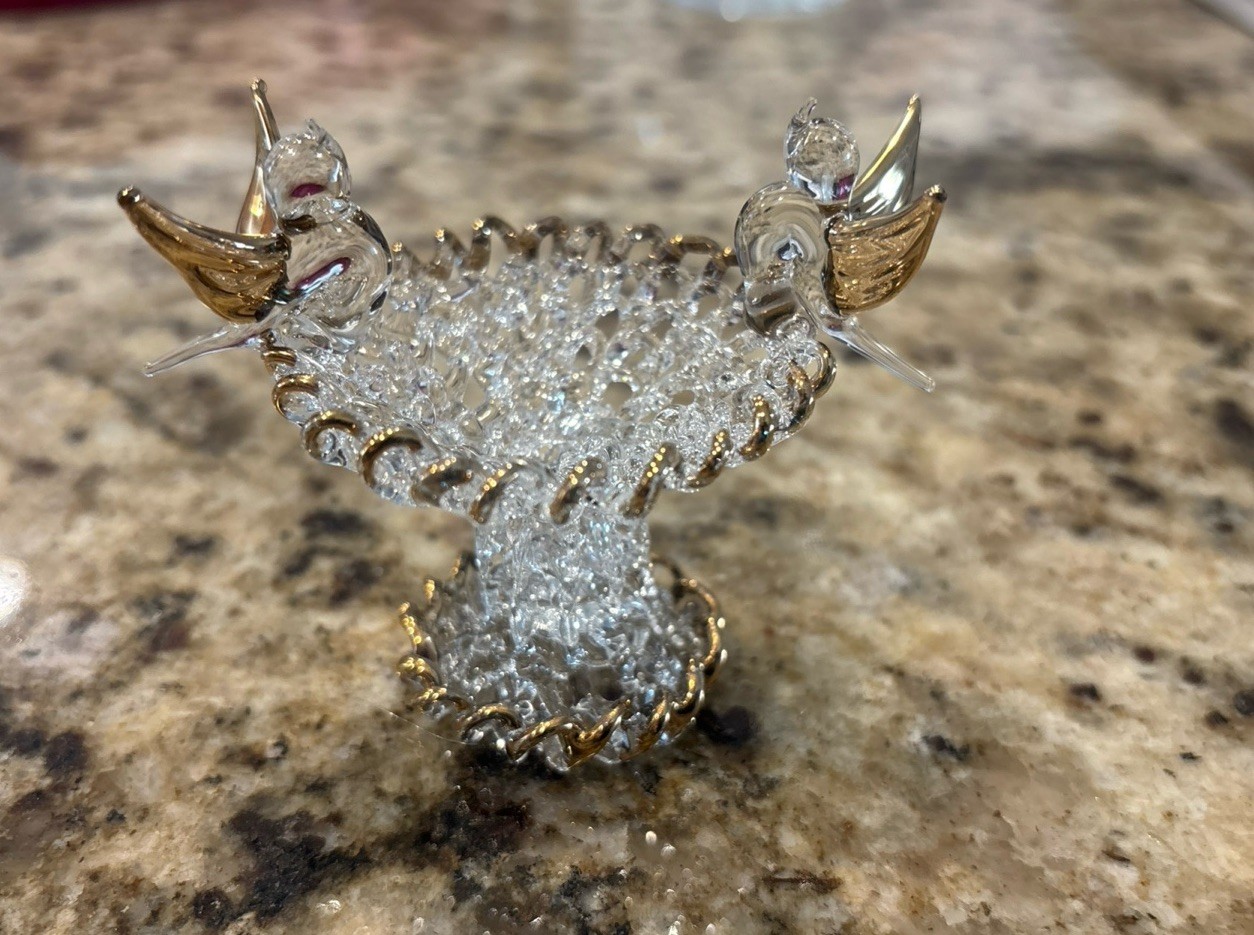 Vintage Hand Blown Spun Glass Bird Bath 2 Birds Figurine Clear and Gold Accents