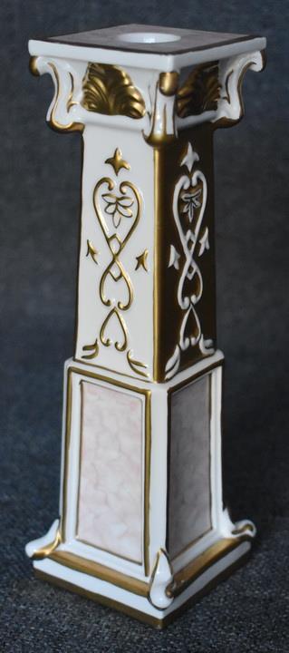 HANDSOME VINTAGE VILLEROY & BOCH GOLD WHITE PINK MARBLE MOTIF COLUMN CANDLESTICK