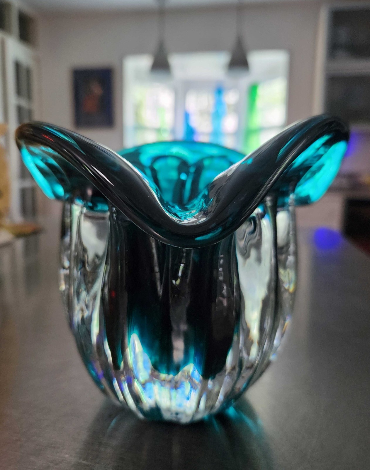 Blenko 6513 Ribbed Cased Vase, RARE, Peacock Color, Very Heavy