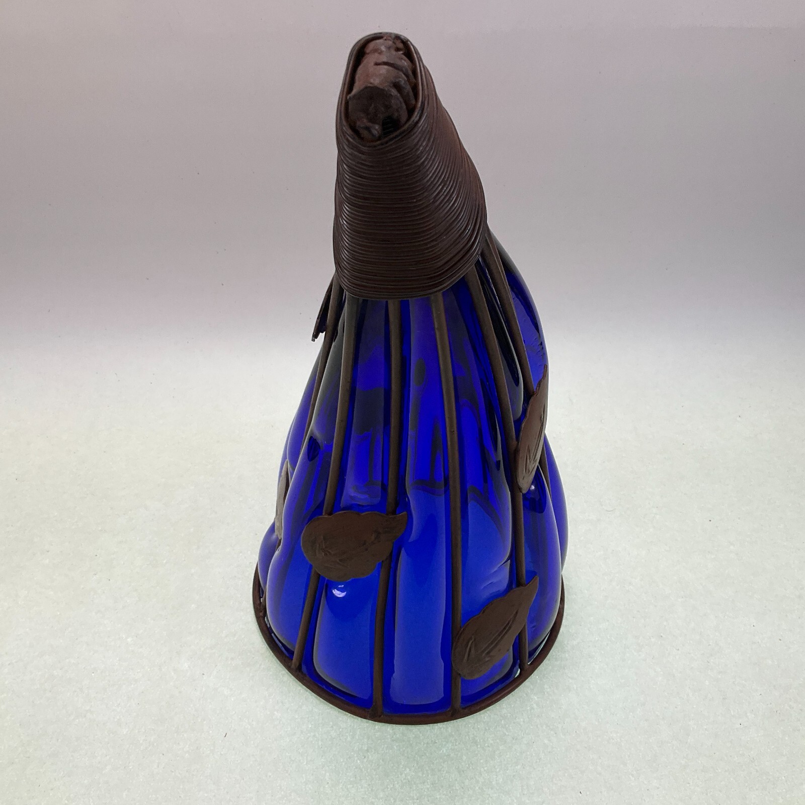 Cobalt Cornucopia Hand Blown Glass Metal Cage Leaves Vase 1960s 10 1/2″