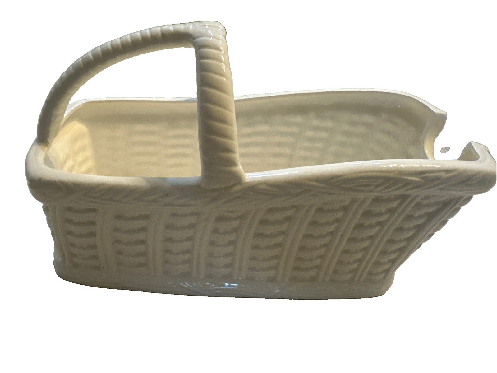 Nancy Lopez Vintage Ceramic White Basket 1981. T Style Handle. Woven Pattern
