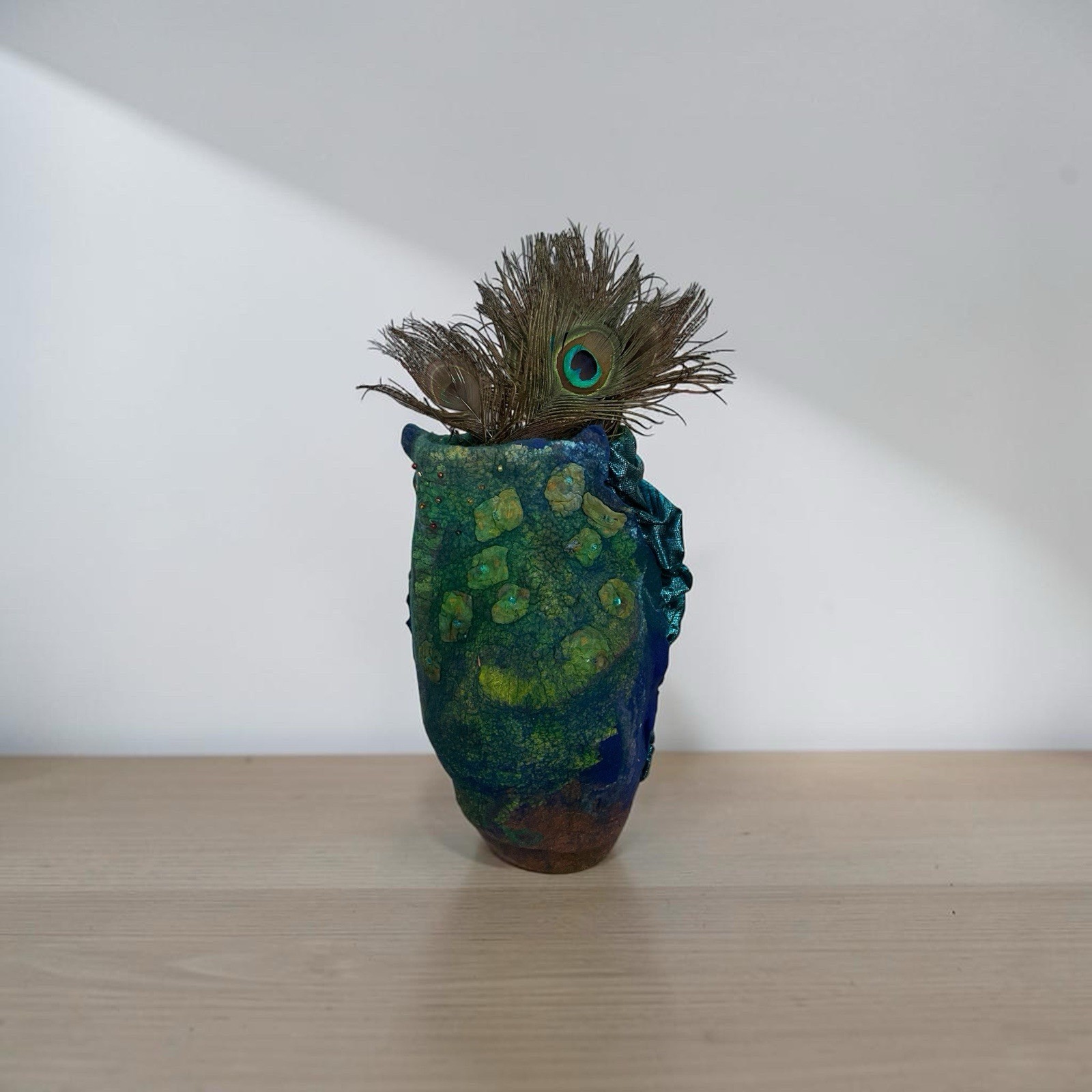 One Of A Kind! Nano felted silk and wool Peacock vessel/vase