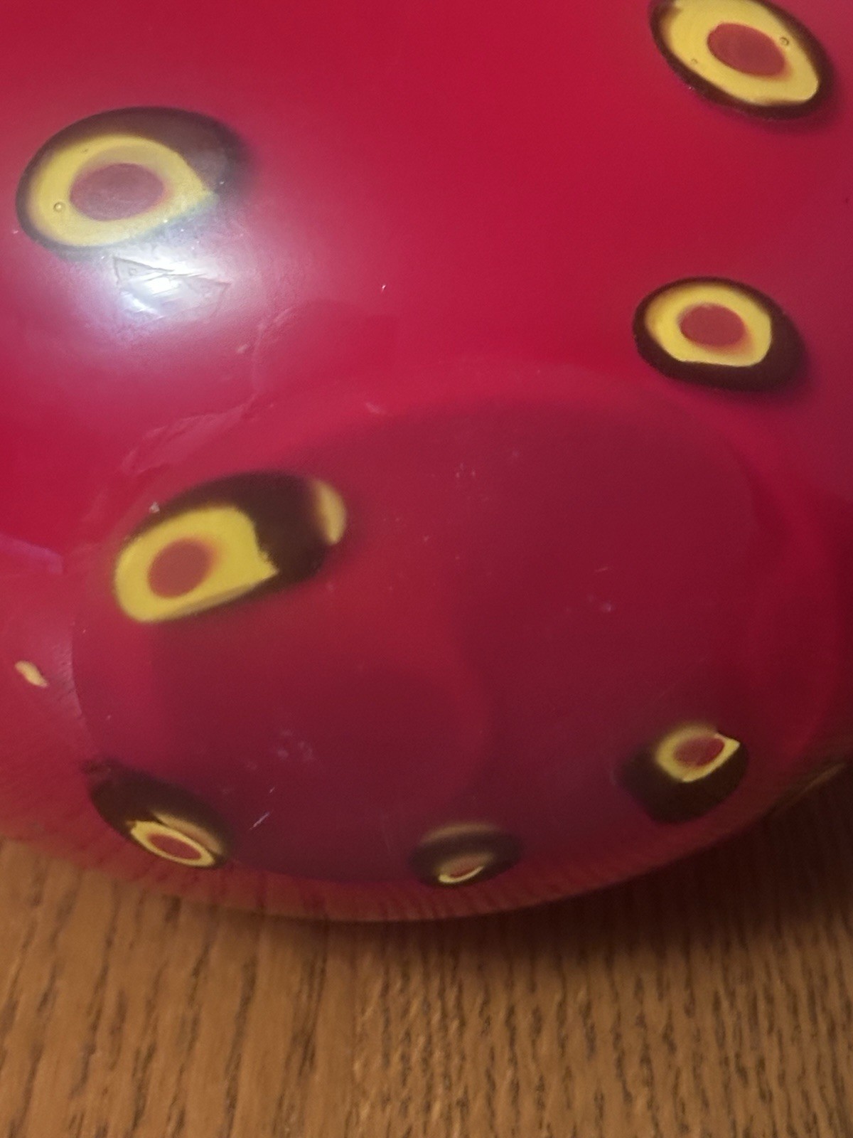 Red Murano Vase With Black And Yellow Spot Design And Yellow Interior
