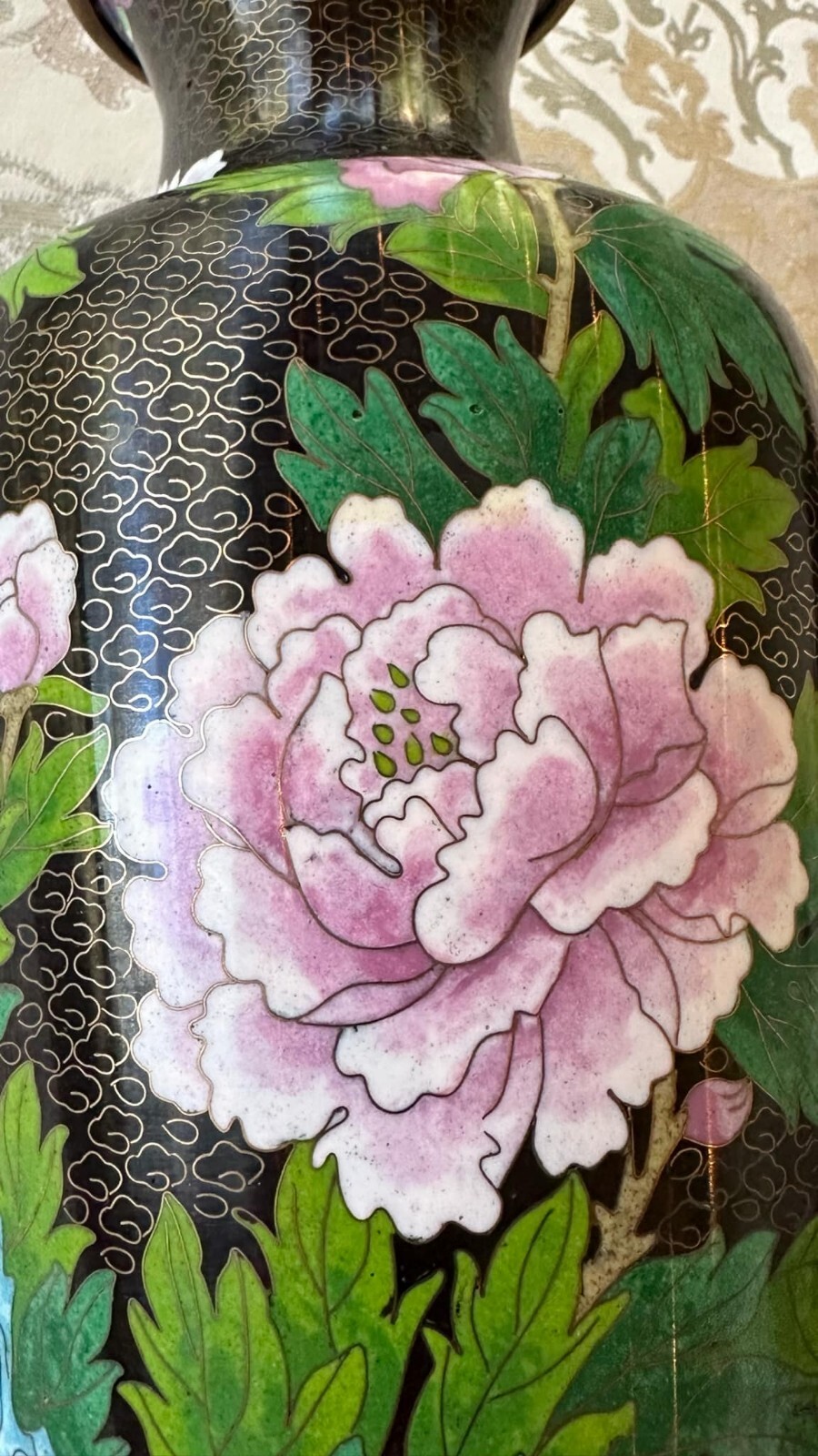 Vintage Chinese Cloisonné Style Vase Black Enamel Peony Birds Floral 12”