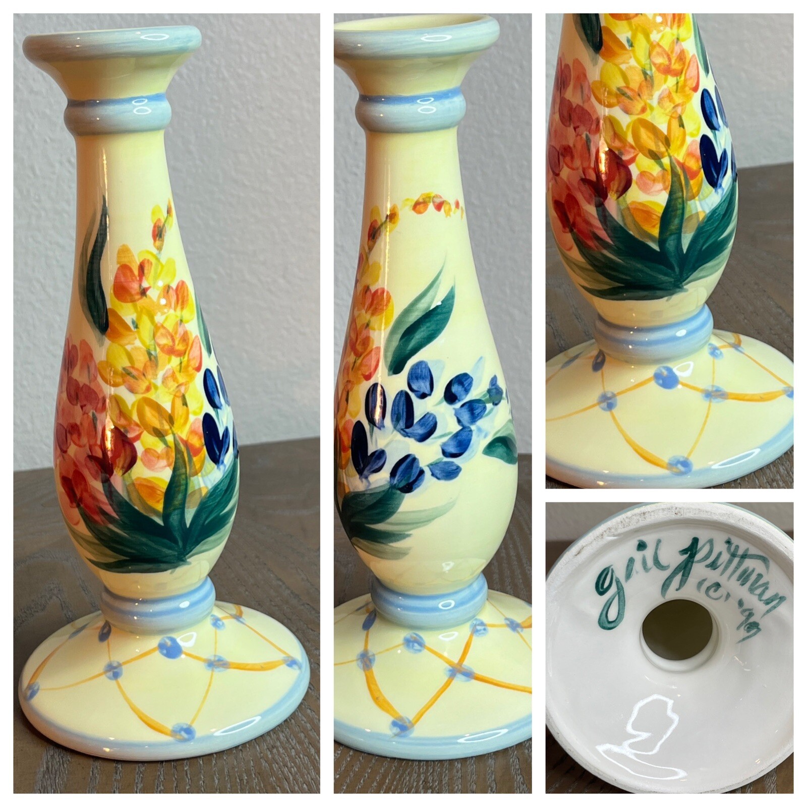 Vintage 1999 Gail Pittman 9” Hand Painted Ceramic Candlestick Holder