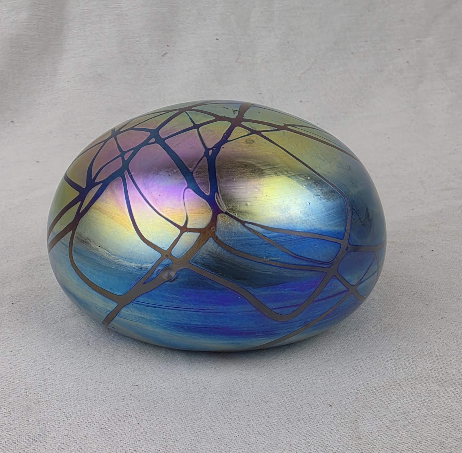 Levay Iridescent Paperweight Handblown Art Glass, Official Levay Stamp on Bottom