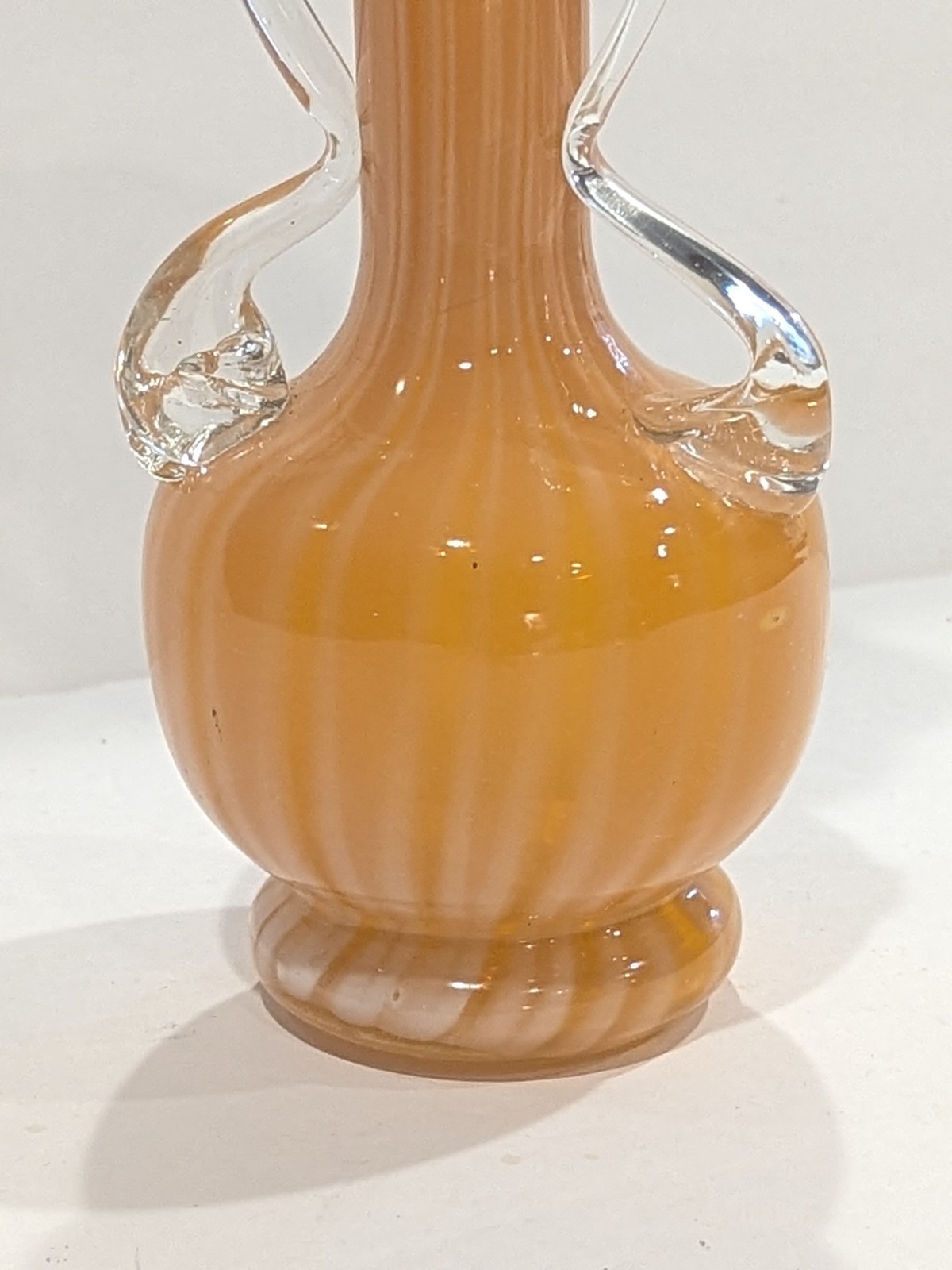 Vintage Murano Style Orange Peach White Striped Swirl Art Glass Bud Vase 6.25″