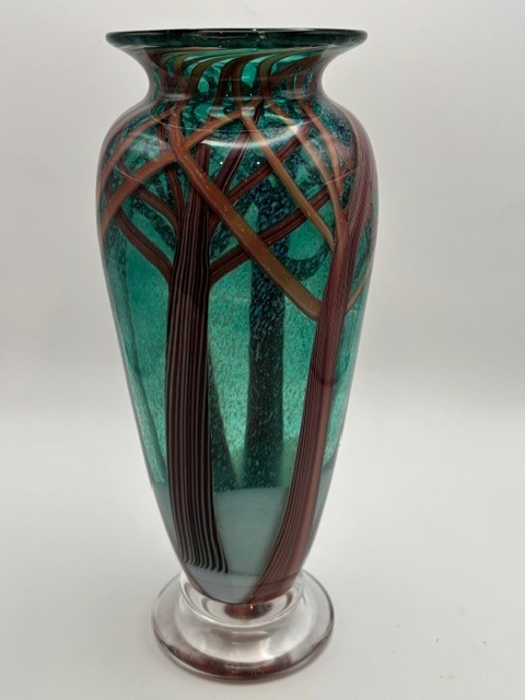 Orient & Flume Art Glass Vase ” Snow Storm” Teal Forest Scene S. Beyers