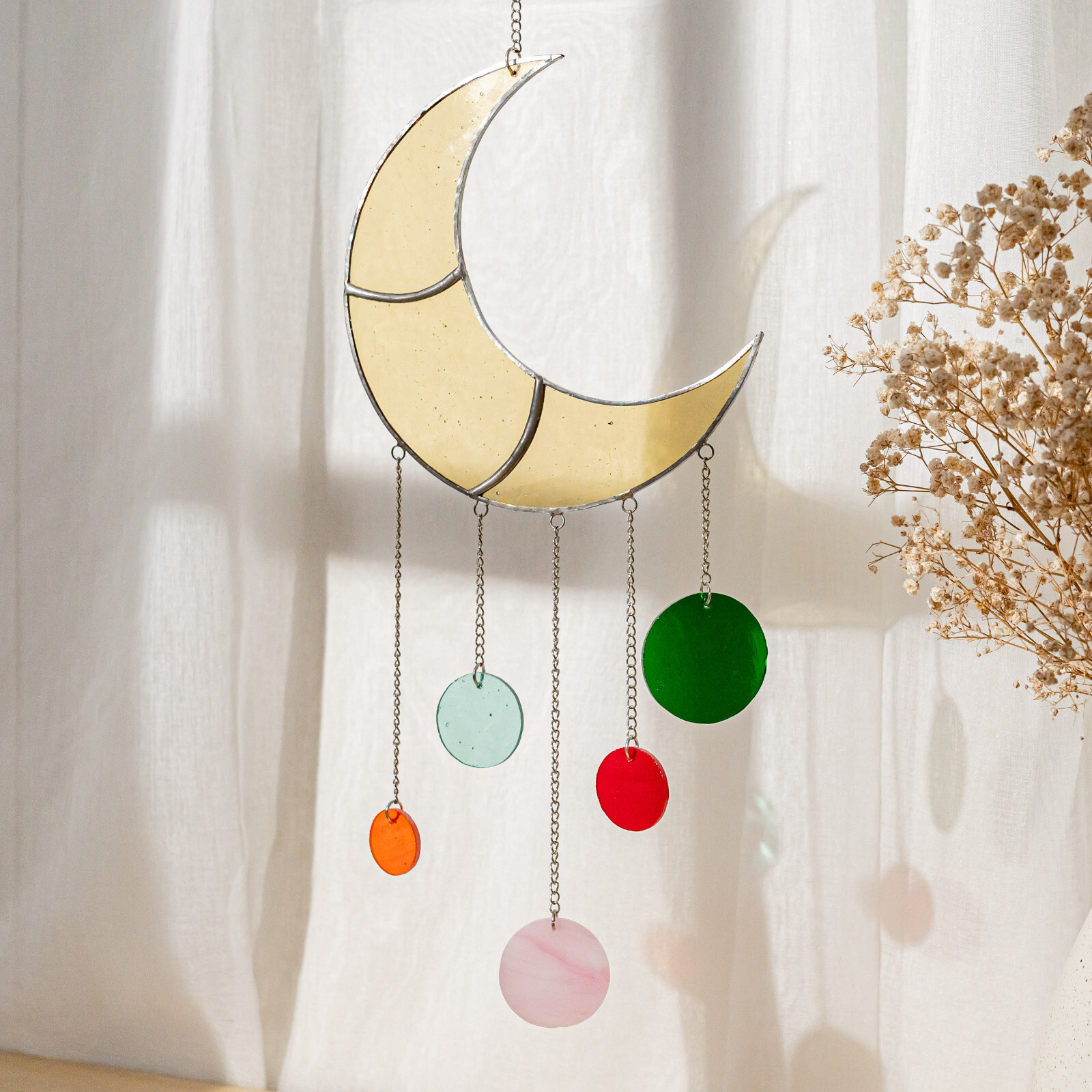 Moon Phases Wind Chimes, Window Decoration, Handmade Stained, Moon Ornament