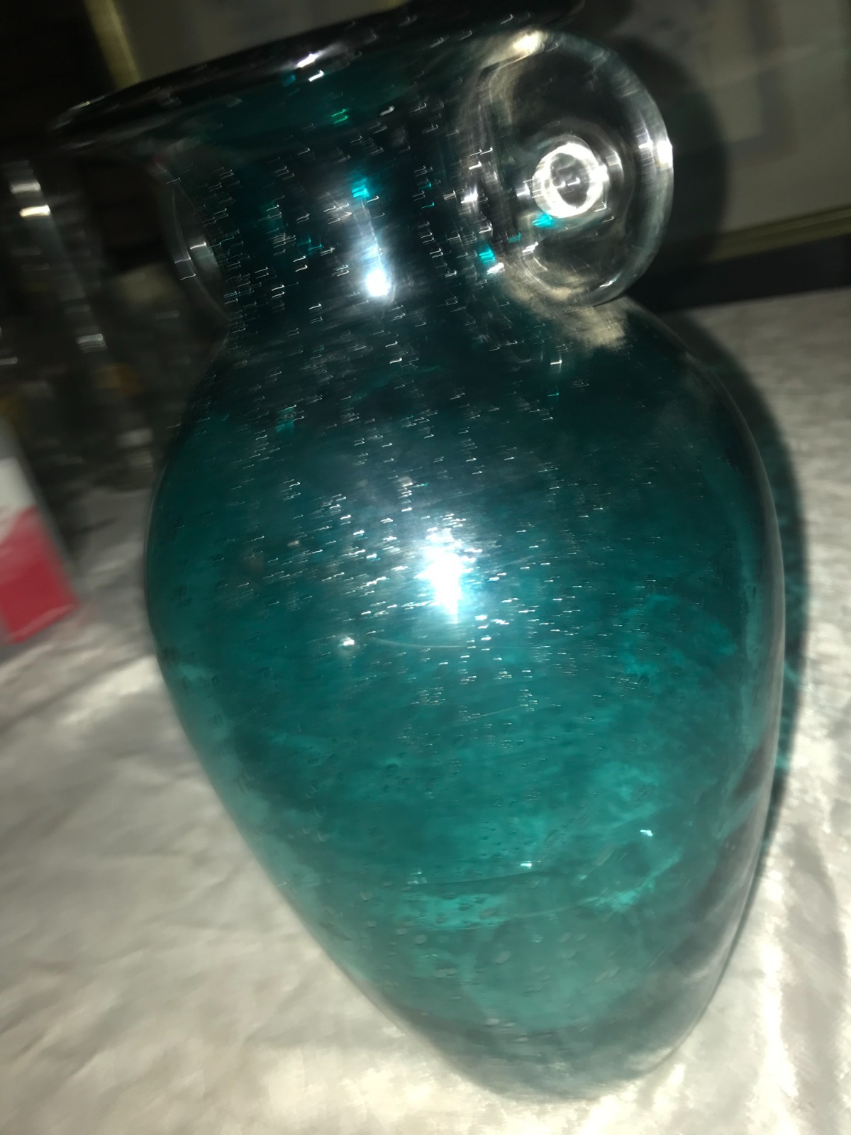 RARE Vintage ORECCHIO Teal BLUE Double Ear HANDLE Bubble STUDIO ART Glass VASE