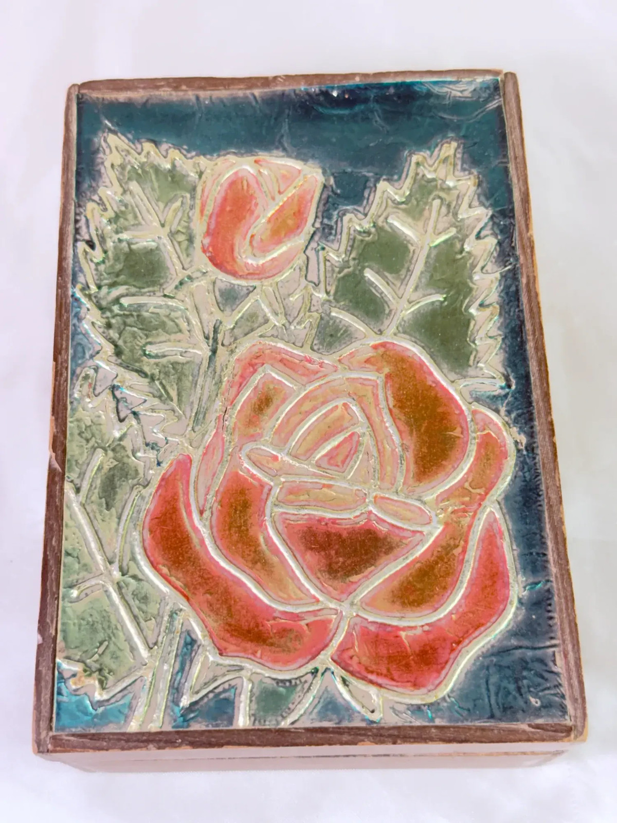 Vintage Foil Art Rose Wooden Trinket Storage Box Lid 7×5