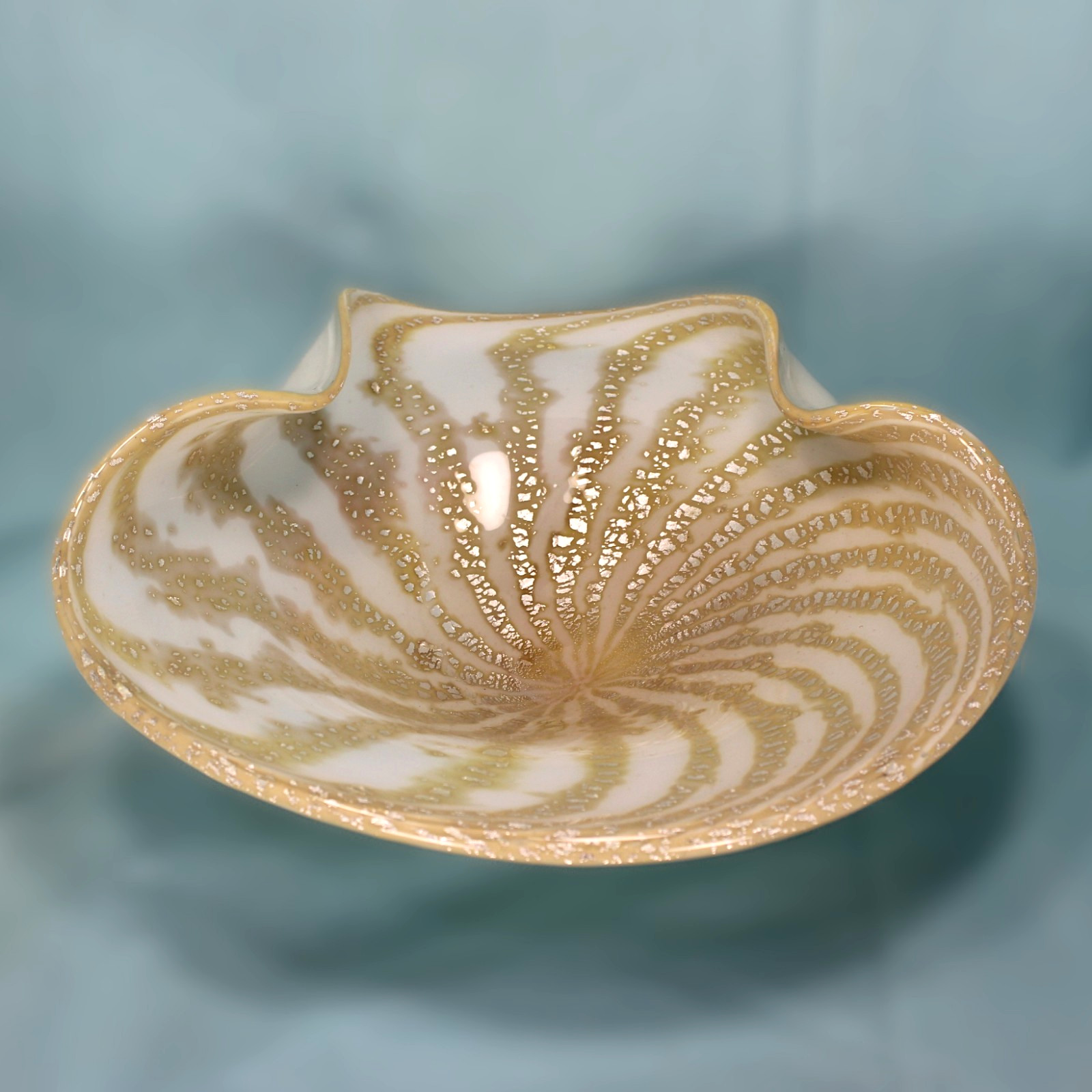 Vintage Authentic Murano Curved Bowl White Silver Leaf Gold Stripe 10″ Italy