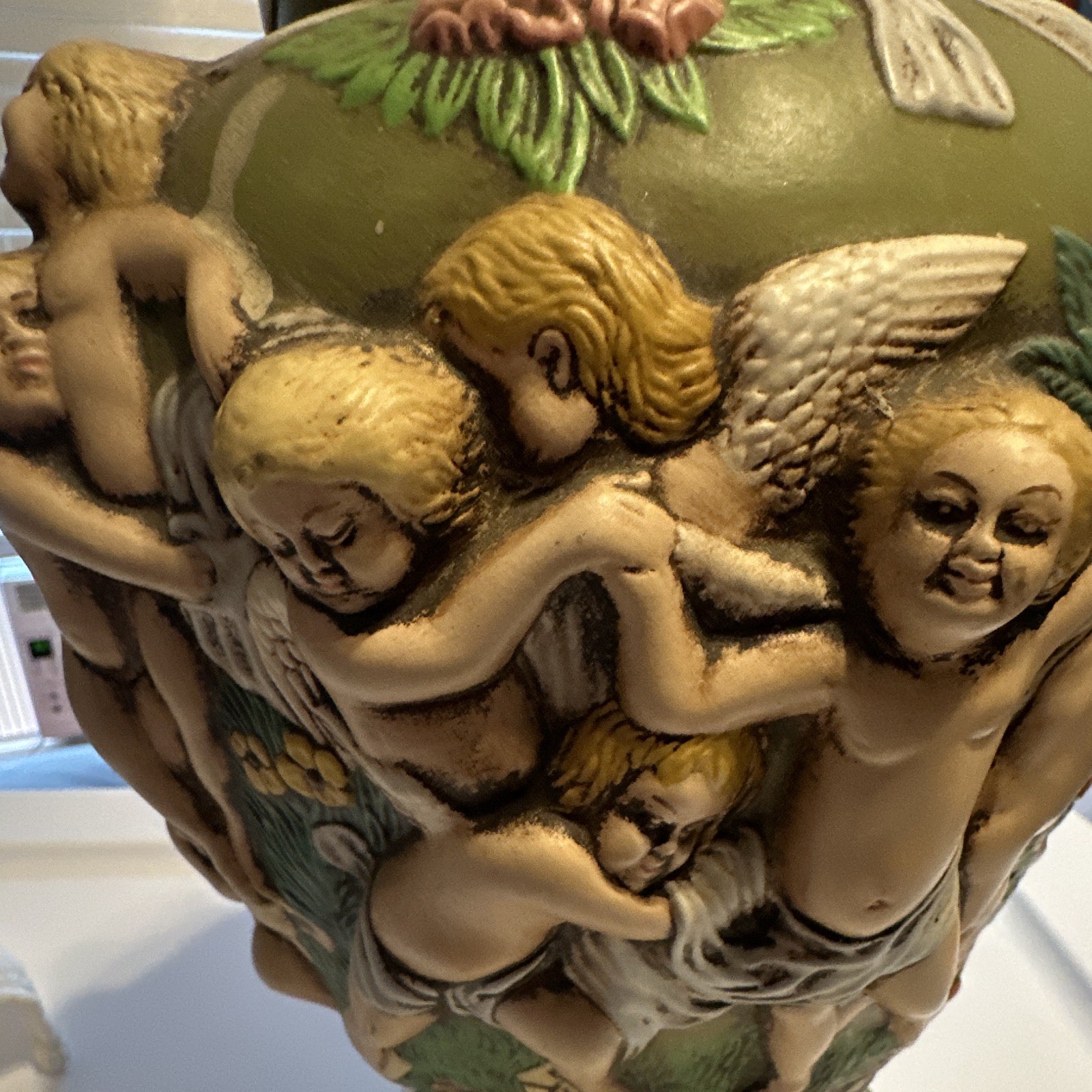 French style Jardiniere Hand Painted Ceramic Cherub Relief Vase 1968