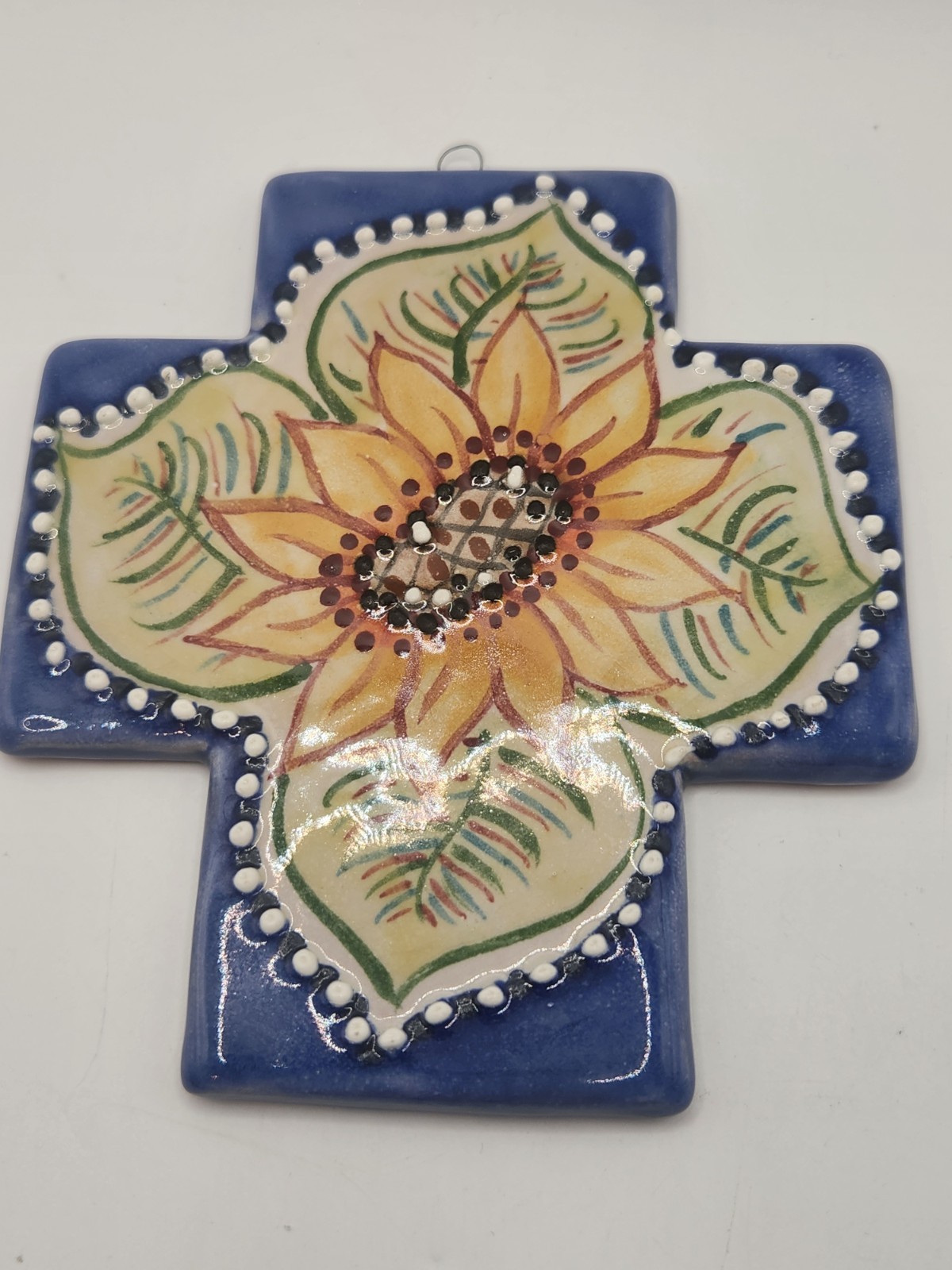Signed Studio Pottery Ceramic Cross Sunflower Folk Art Wall Hanging 5″