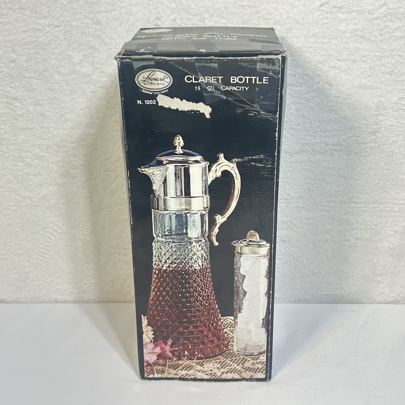 VTG Crystal & Silver-Plate Claret Bottle Pitcher Leonard Silver Mfg + Ice Tube