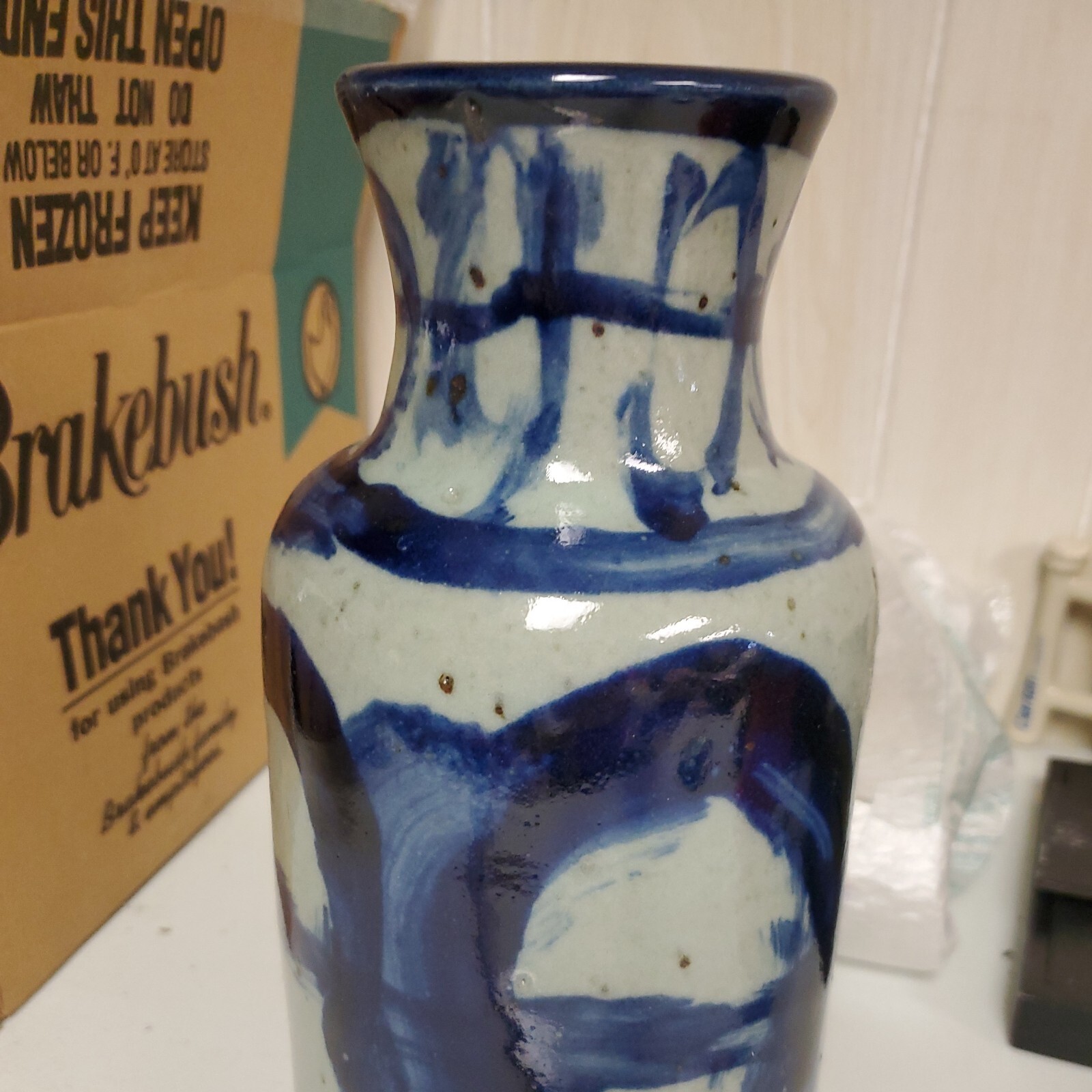 ANTIQUE ARTS&CRAFTS Blue ART POTTERY VASE 11.5″Antique Abstract Home Table Decor
